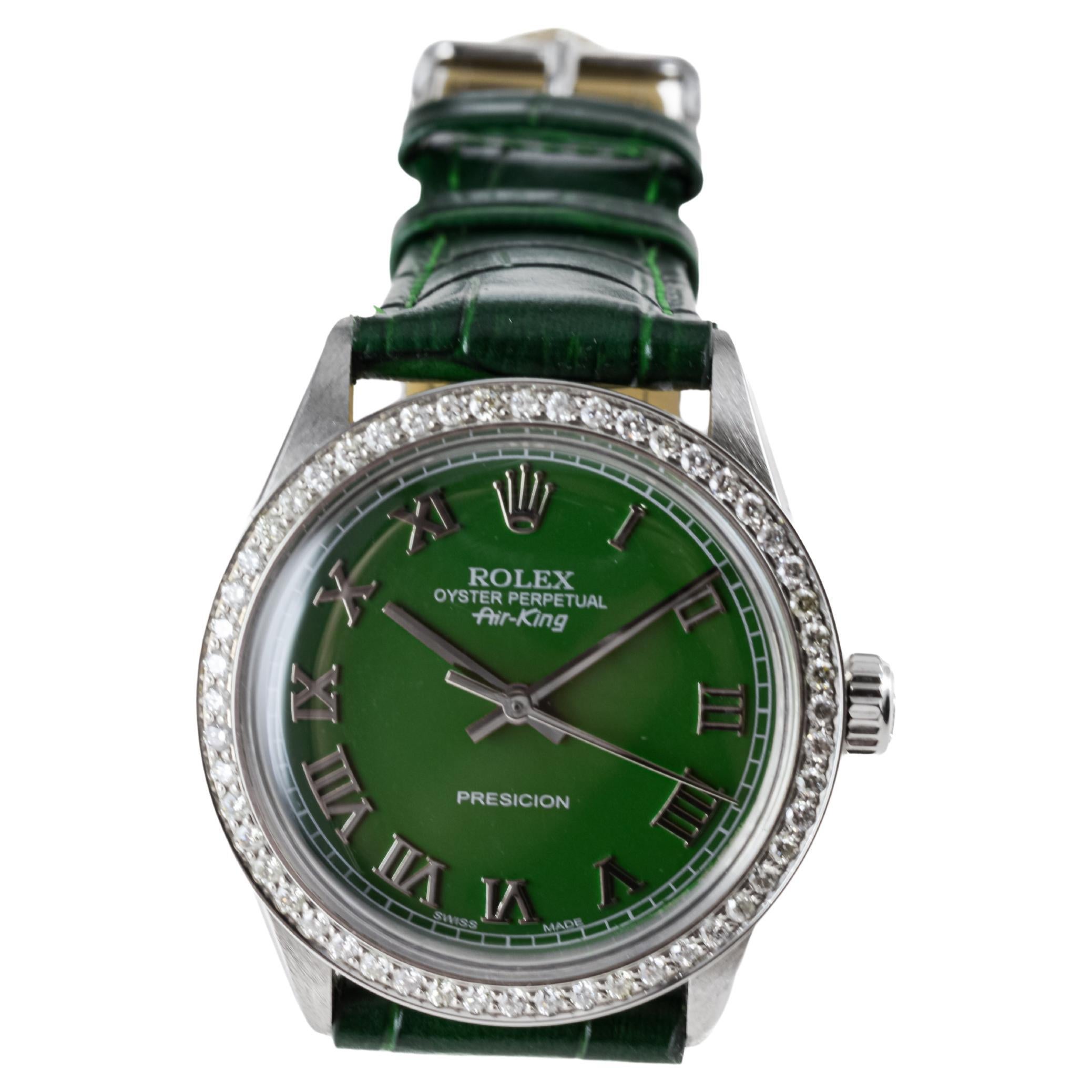Rolex Steel Air King with Custom Green Roman Dial And Diamond Bezel ca 1960's For Sale 2