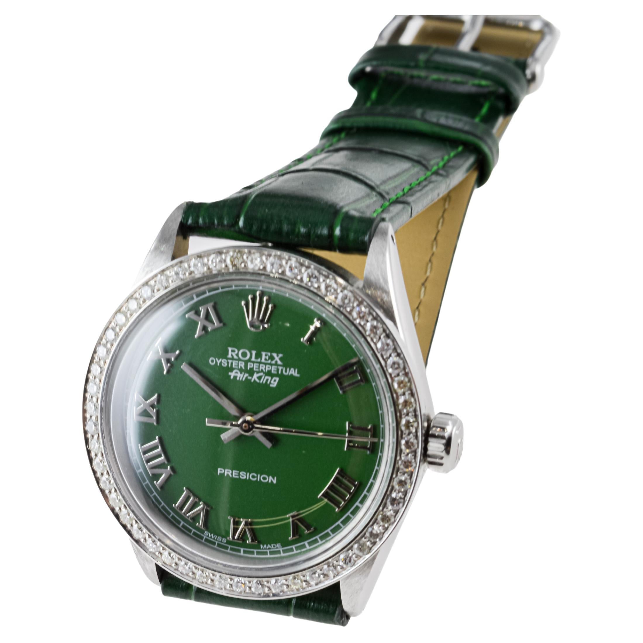 Rolex Steel Air King with Custom Green Roman Dial And Diamond Bezel ca 1960's For Sale 3
