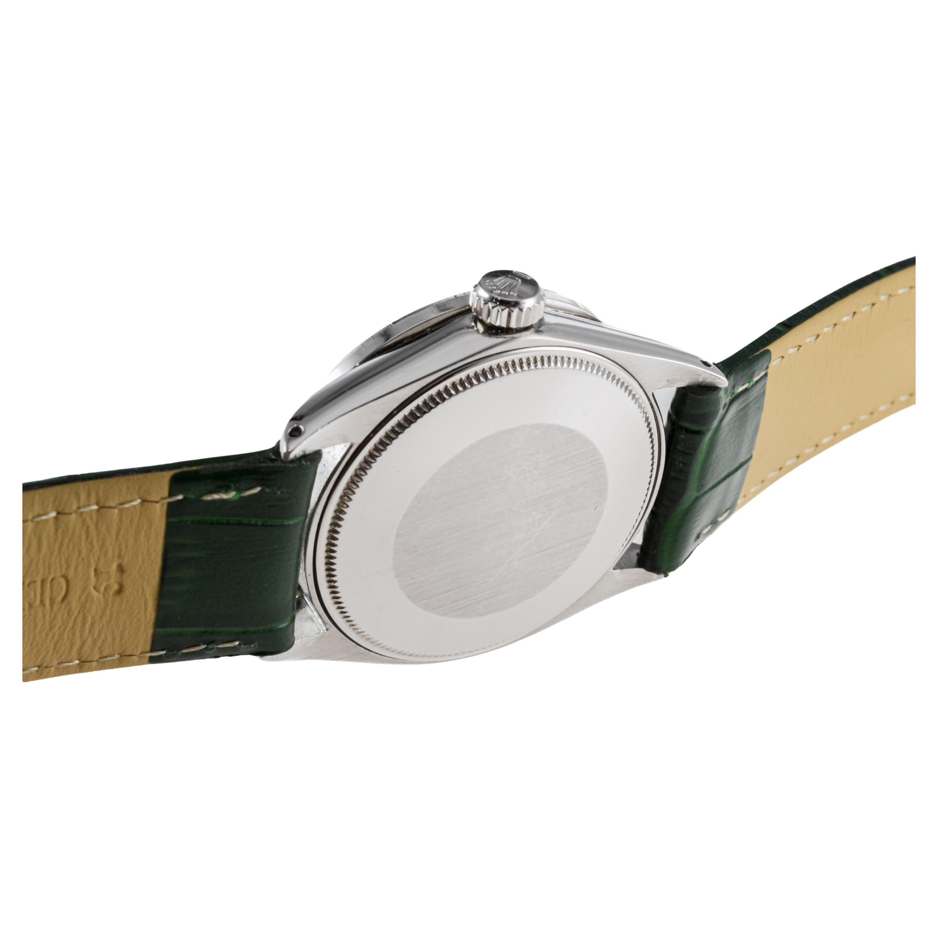 Rolex Steel Air King with Custom Green Roman Dial And Diamond Bezel ca 1960's For Sale 4