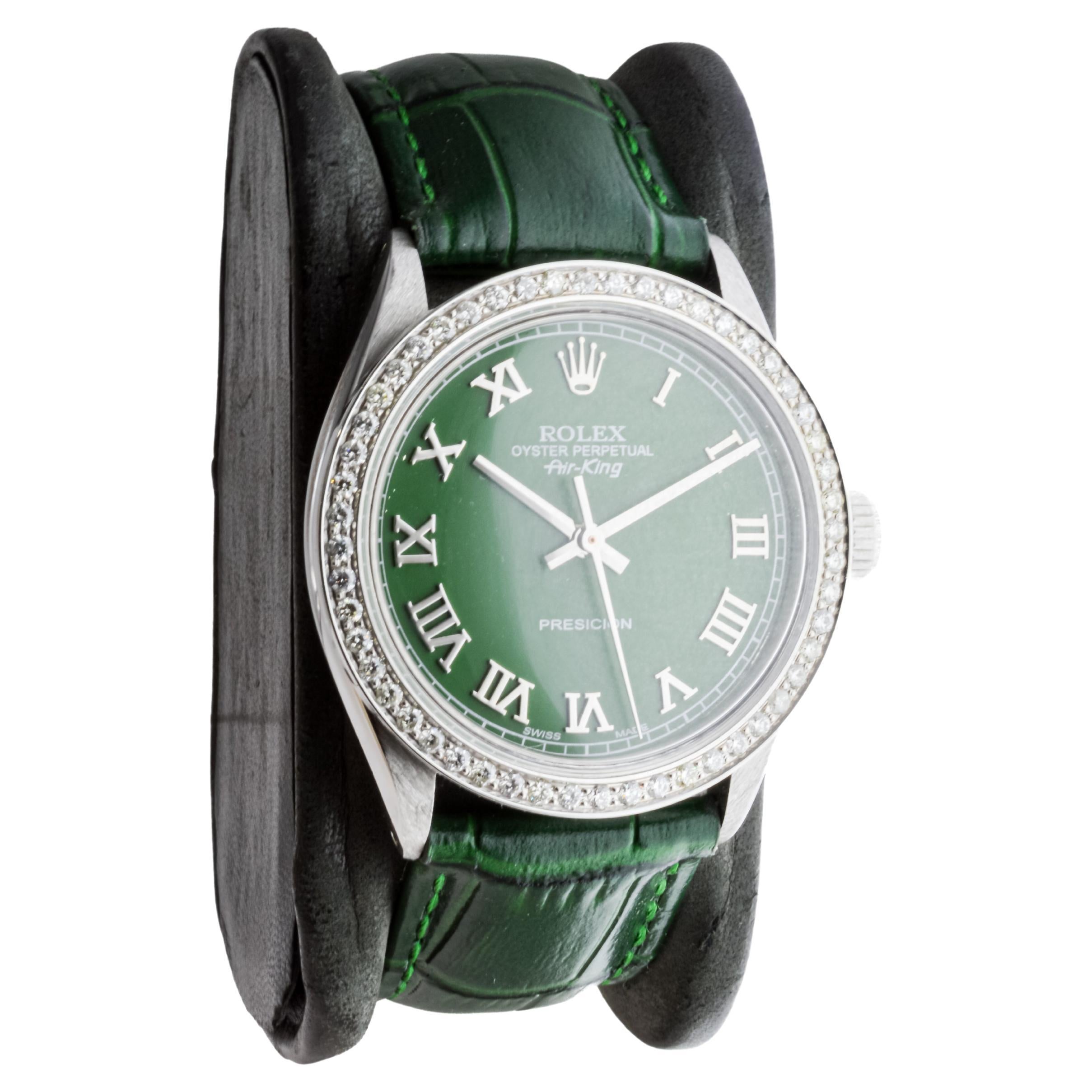 Rolex Air King de acero con esfera romana verde personalizada y bisel de diamantes ca 1960's