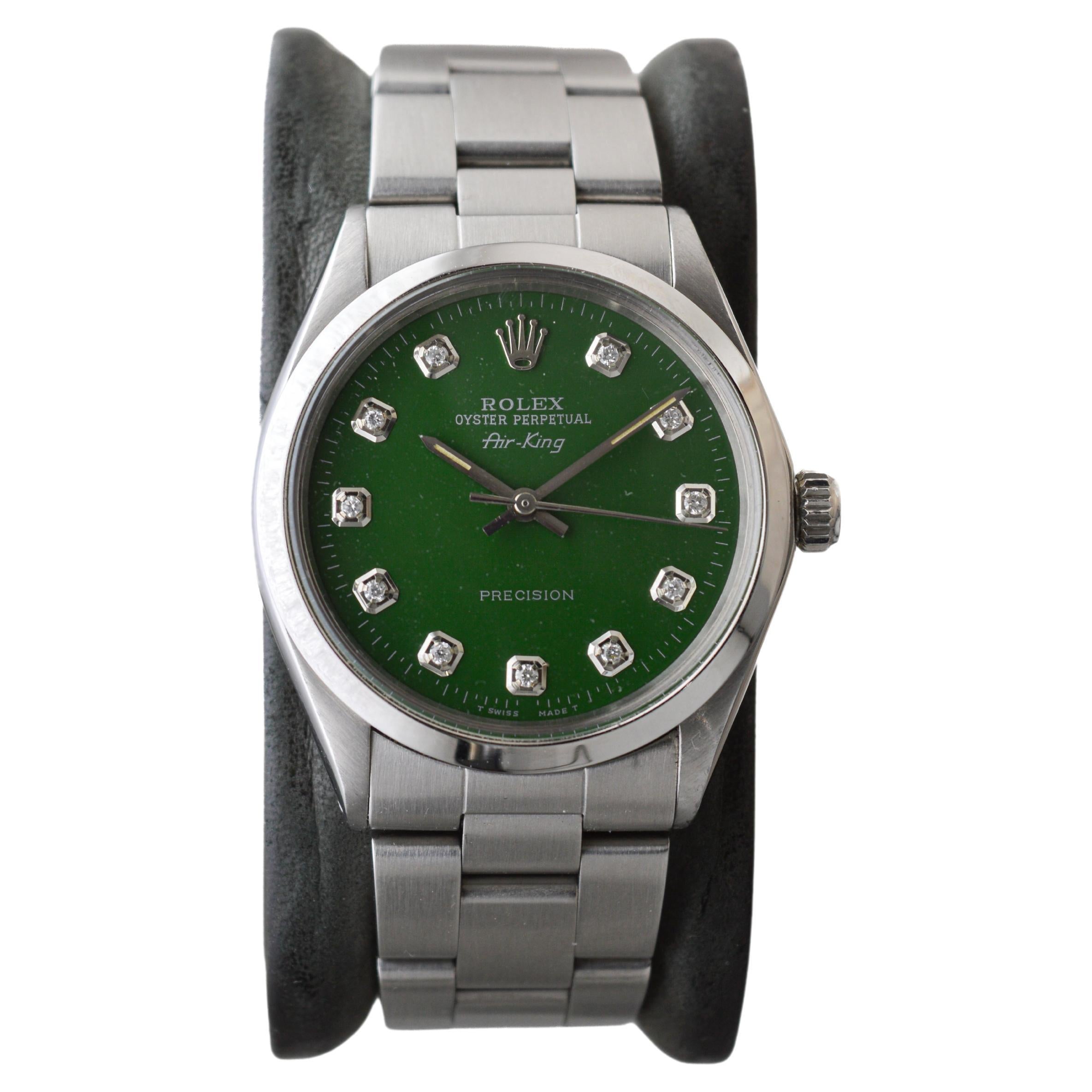 Moderne Rolex Steel Air King avec cadran vert sur mesure et index en diamants circa 1970 en vente