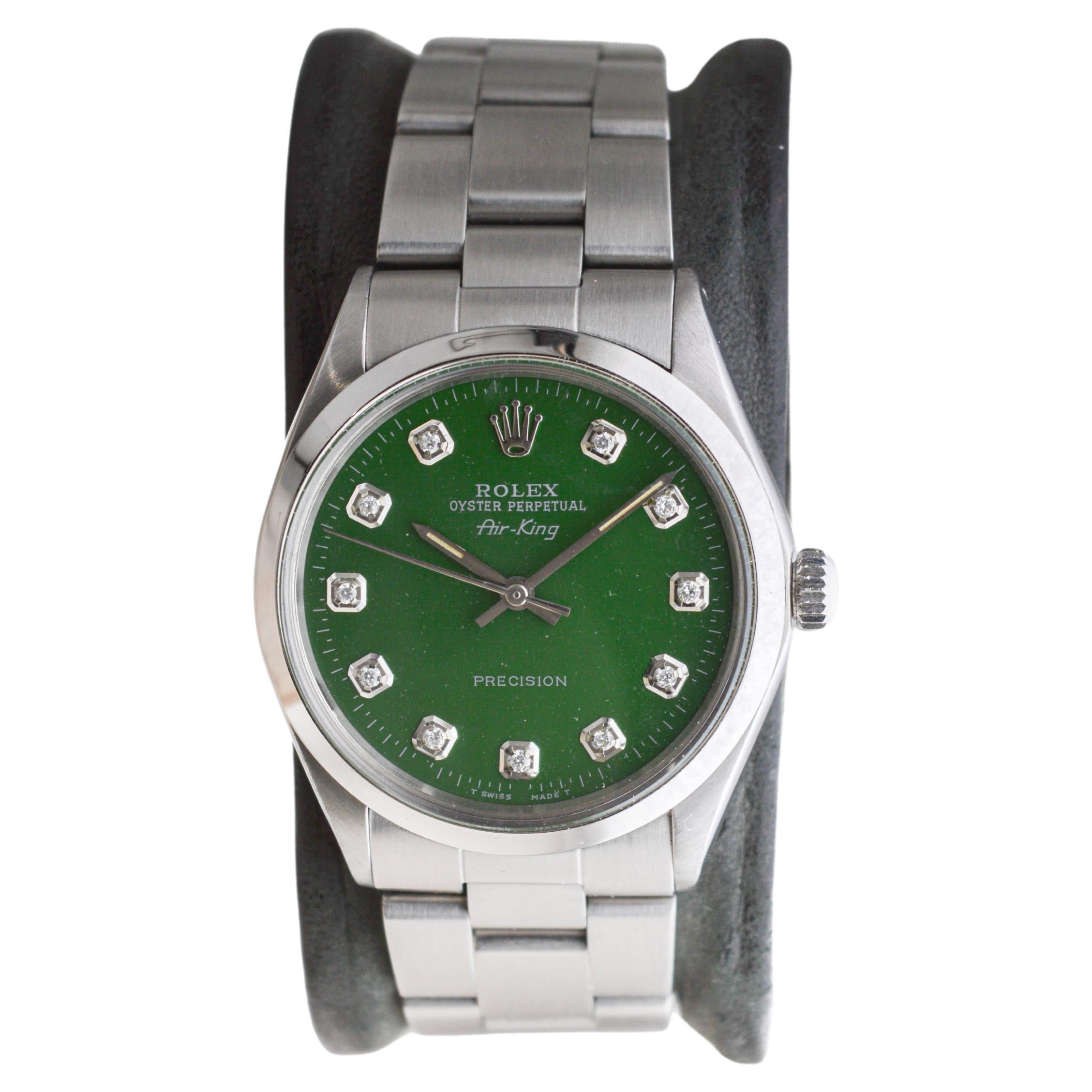 Rolex Steel Air King avec cadran vert sur mesure et index en diamants circa 1970 Excellent état - En vente à Long Beach, CA
