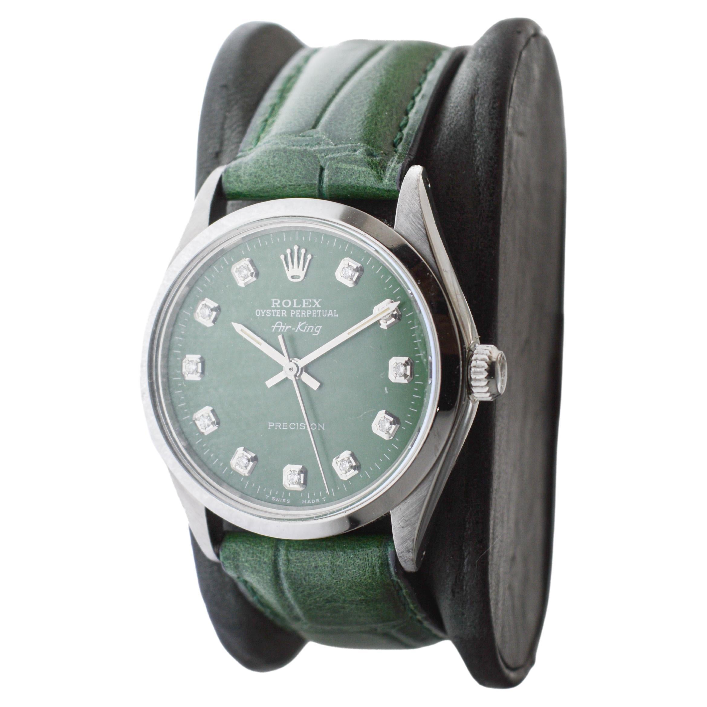 Rolex Steel Air King with Custom Made Green Dial and Diamond Markers circa 1970s In Excellent Condition For Sale In Long Beach, CA