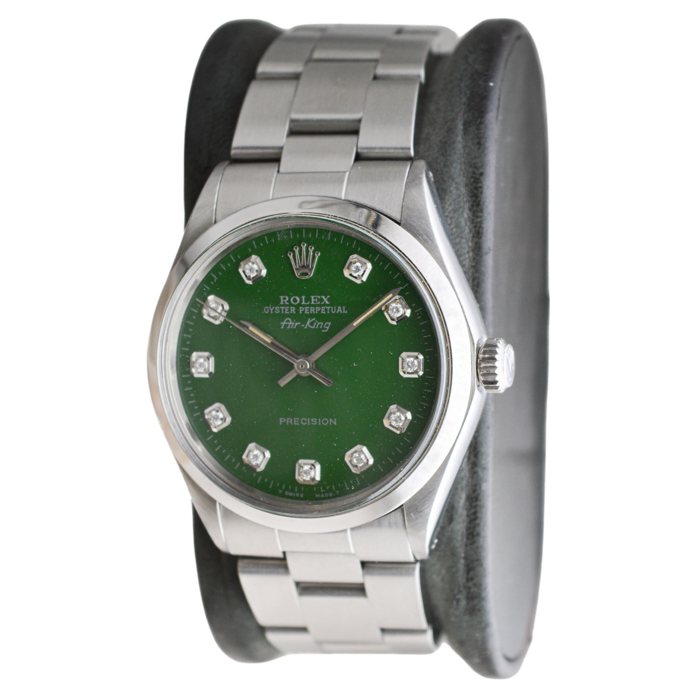 Rolex Steel Air King avec cadran vert sur mesure et index en diamants circa 1970 Unisexe en vente