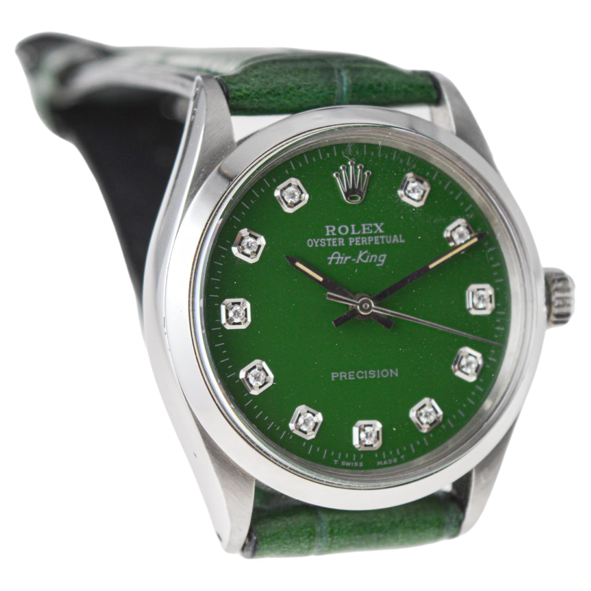 Women's or Men's Rolex Steel Air King with Custom Made Green Dial and Diamond Markers circa 1970s For Sale