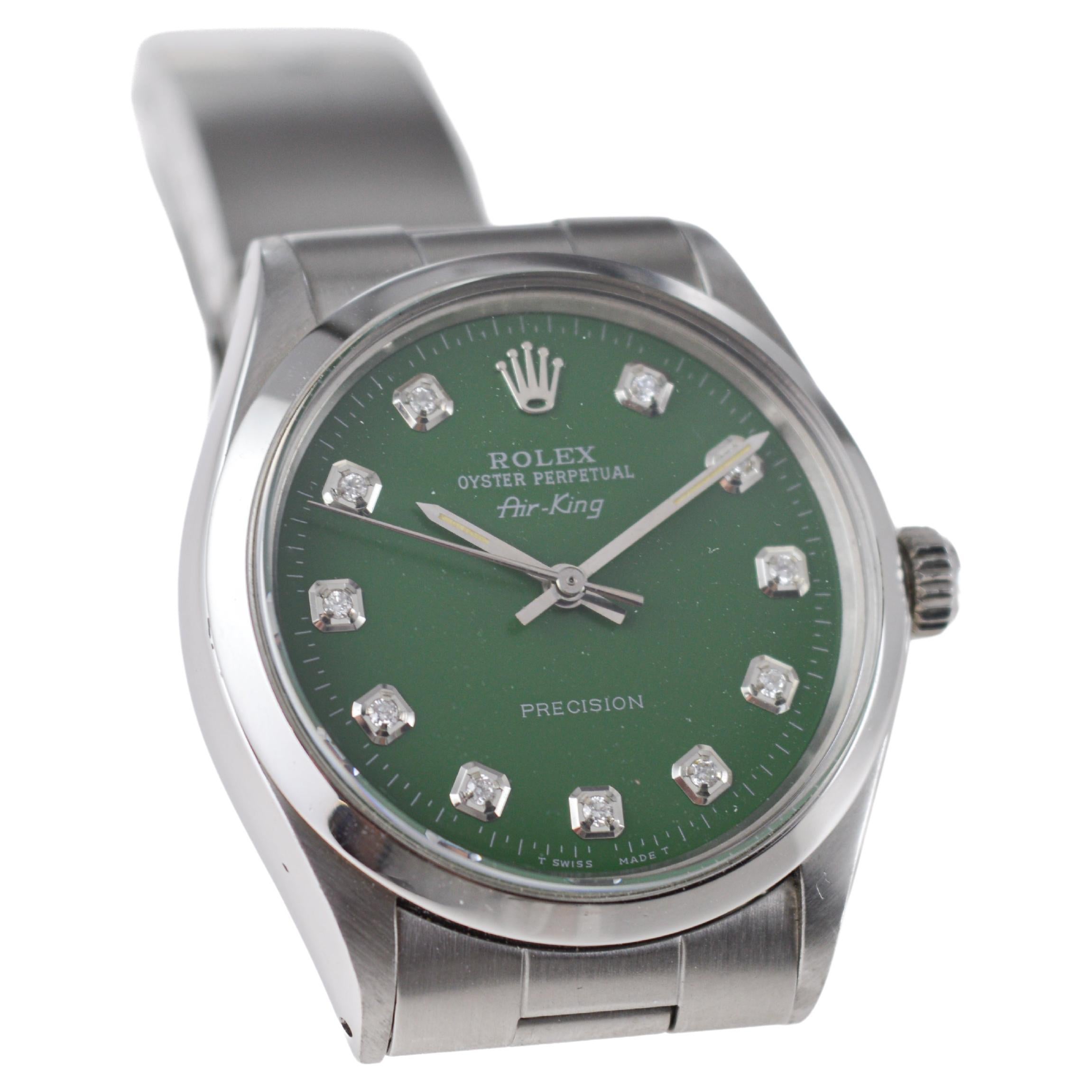 Rolex Steel Air King avec cadran vert sur mesure et index en diamants circa 1970 en vente 1