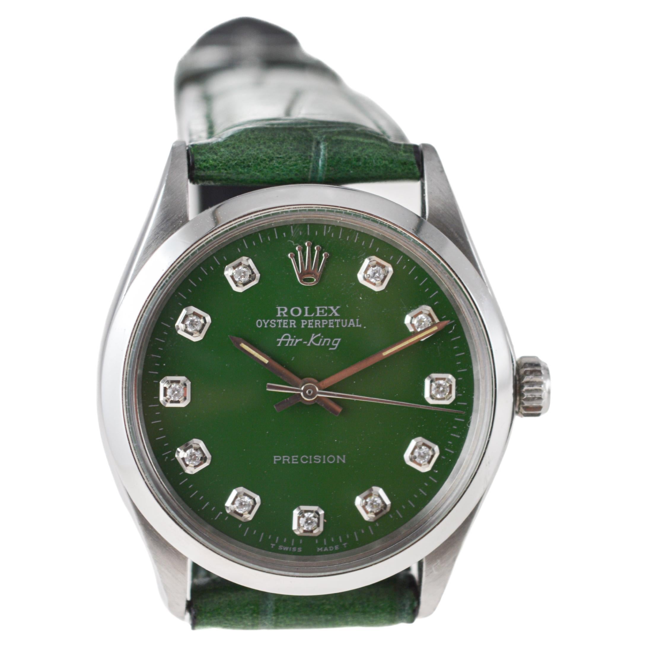 Rolex Steel Air King with Custom Made Green Dial and Diamond Markers circa 1970s For Sale 1