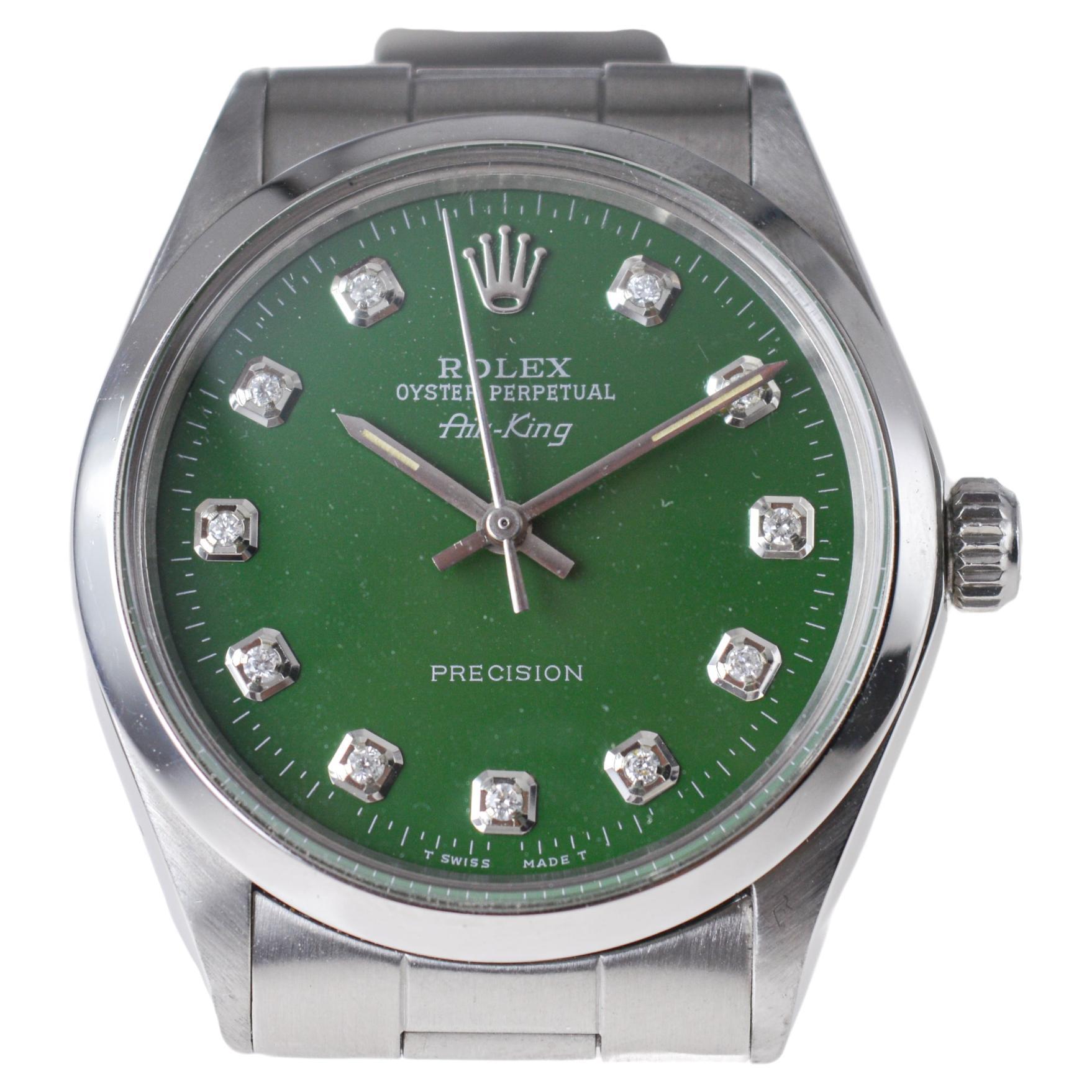 Rolex Steel Air King avec cadran vert sur mesure et index en diamants circa 1970 en vente 2
