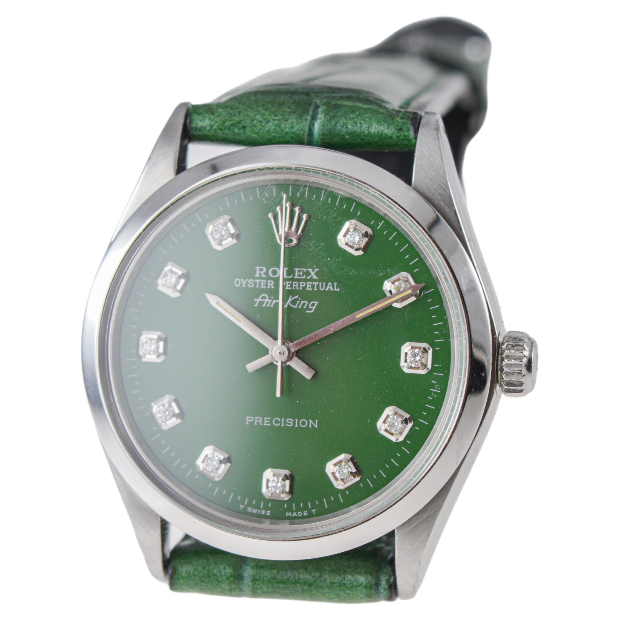 Rolex Steel Air King with Custom Made Green Dial and Diamond Markers circa 1970s 1