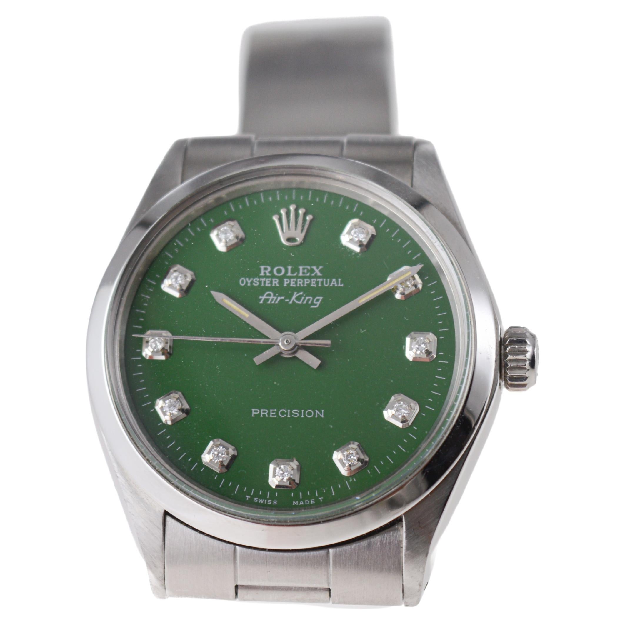 Rolex Steel Air King avec cadran vert sur mesure et index en diamants circa 1970 en vente 3