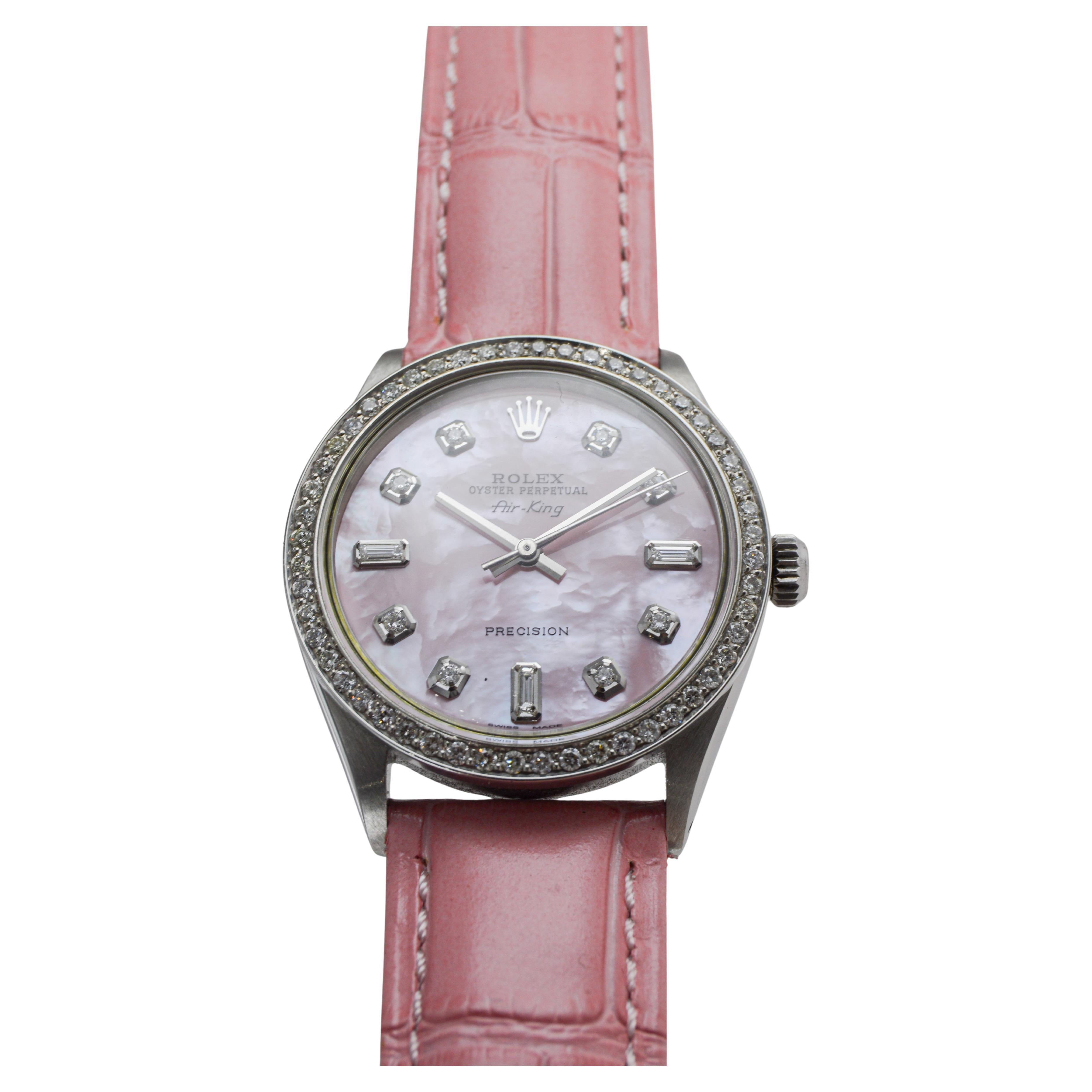Rolex Air King en acier avec cadran en diamant rose CUSTOM MADE et lunette en diamant en vente 5