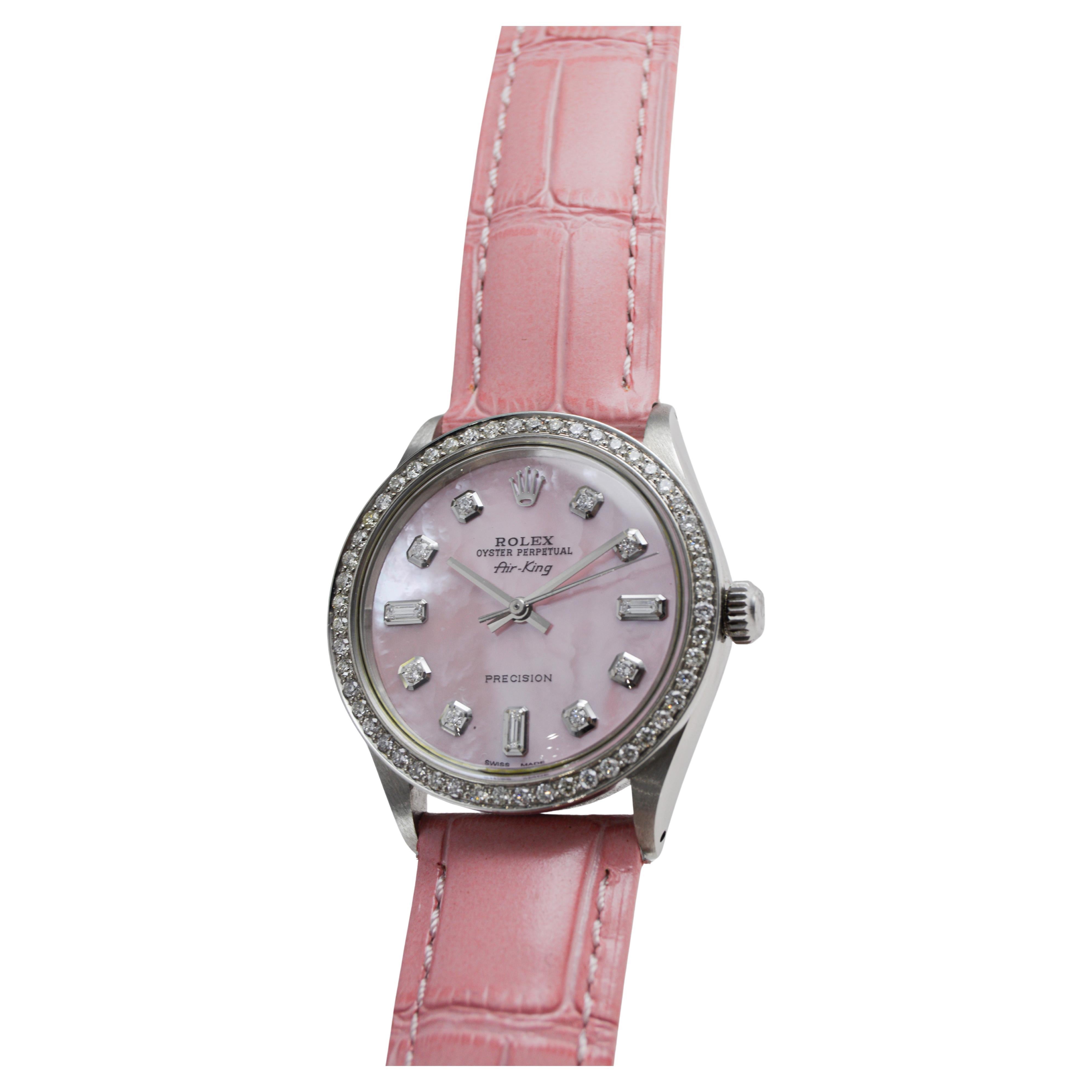 Rolex Air King en acier avec cadran en diamant rose CUSTOM MADE et lunette en diamant en vente 6