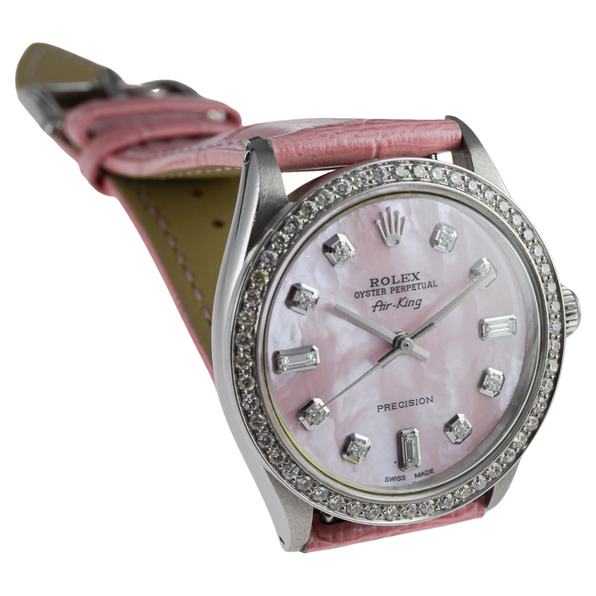 Rolex Air King en acier avec cadran en diamant rose CUSTOM MADE et lunette en diamant en vente 7