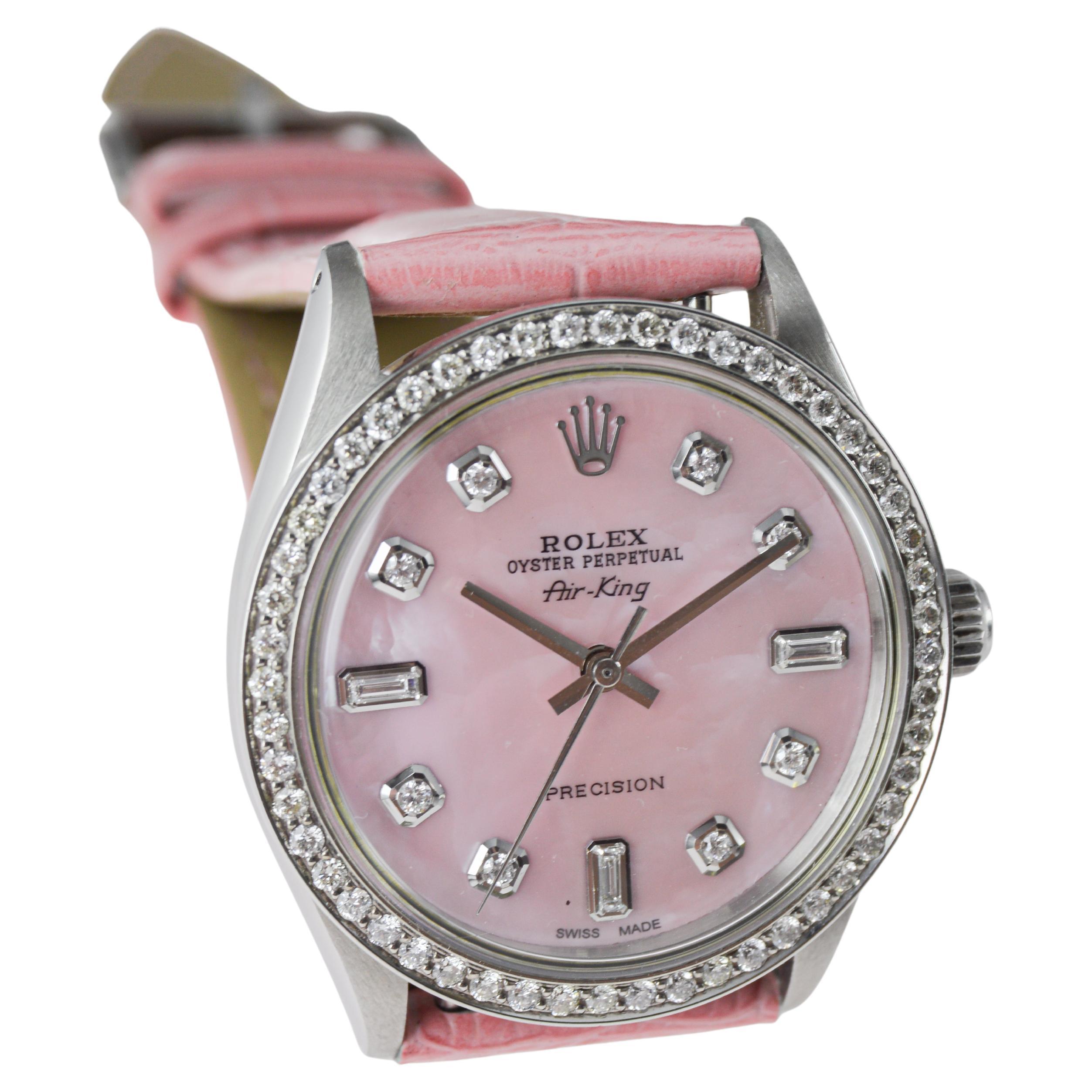 Rolex Air King en acier avec cadran en diamant rose CUSTOM MADE et lunette en diamant en vente 8
