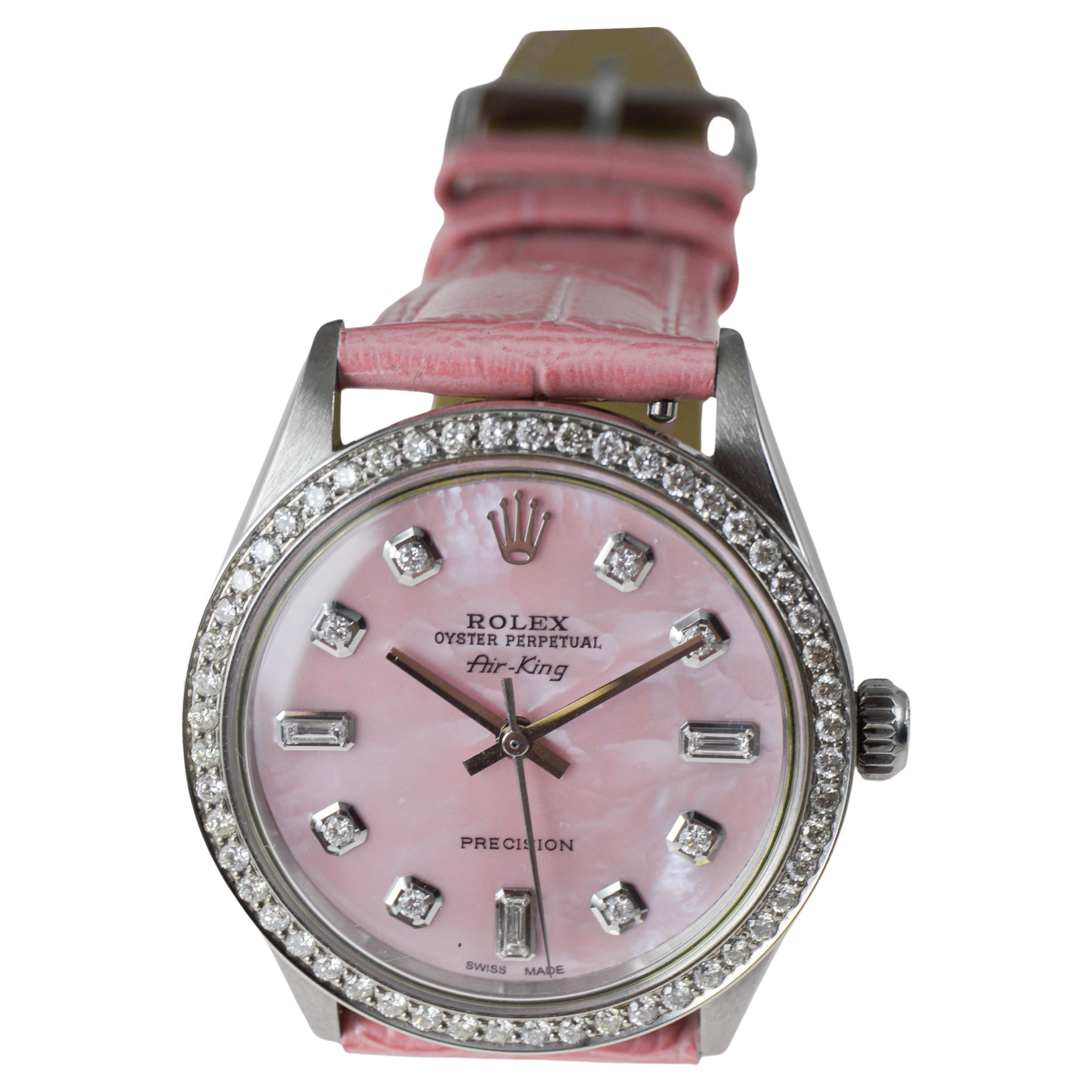 Rolex Air King en acier avec cadran en diamant rose CUSTOM MADE et lunette en diamant en vente 9