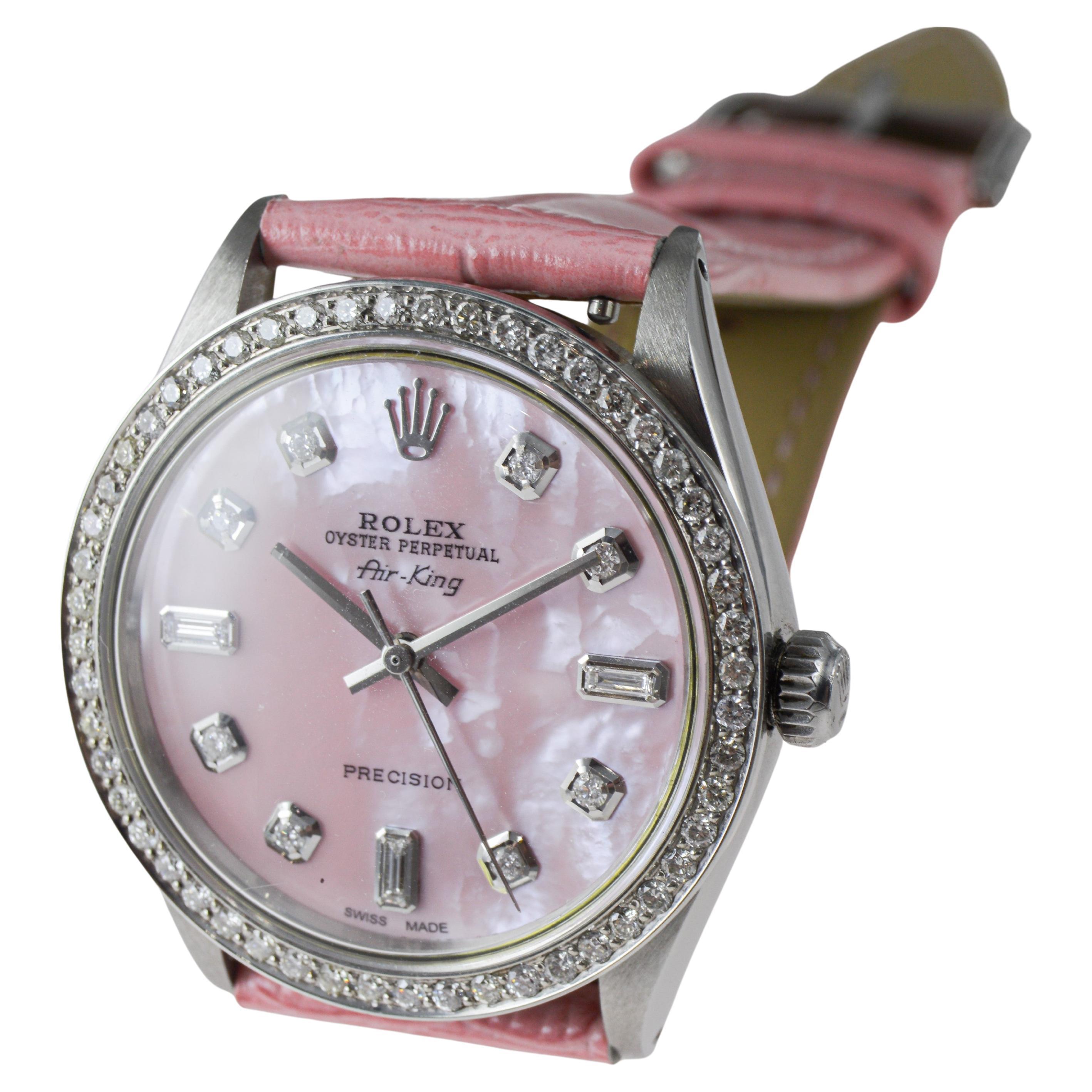 Rolex Air King en acier avec cadran en diamant rose CUSTOM MADE et lunette en diamant en vente 10