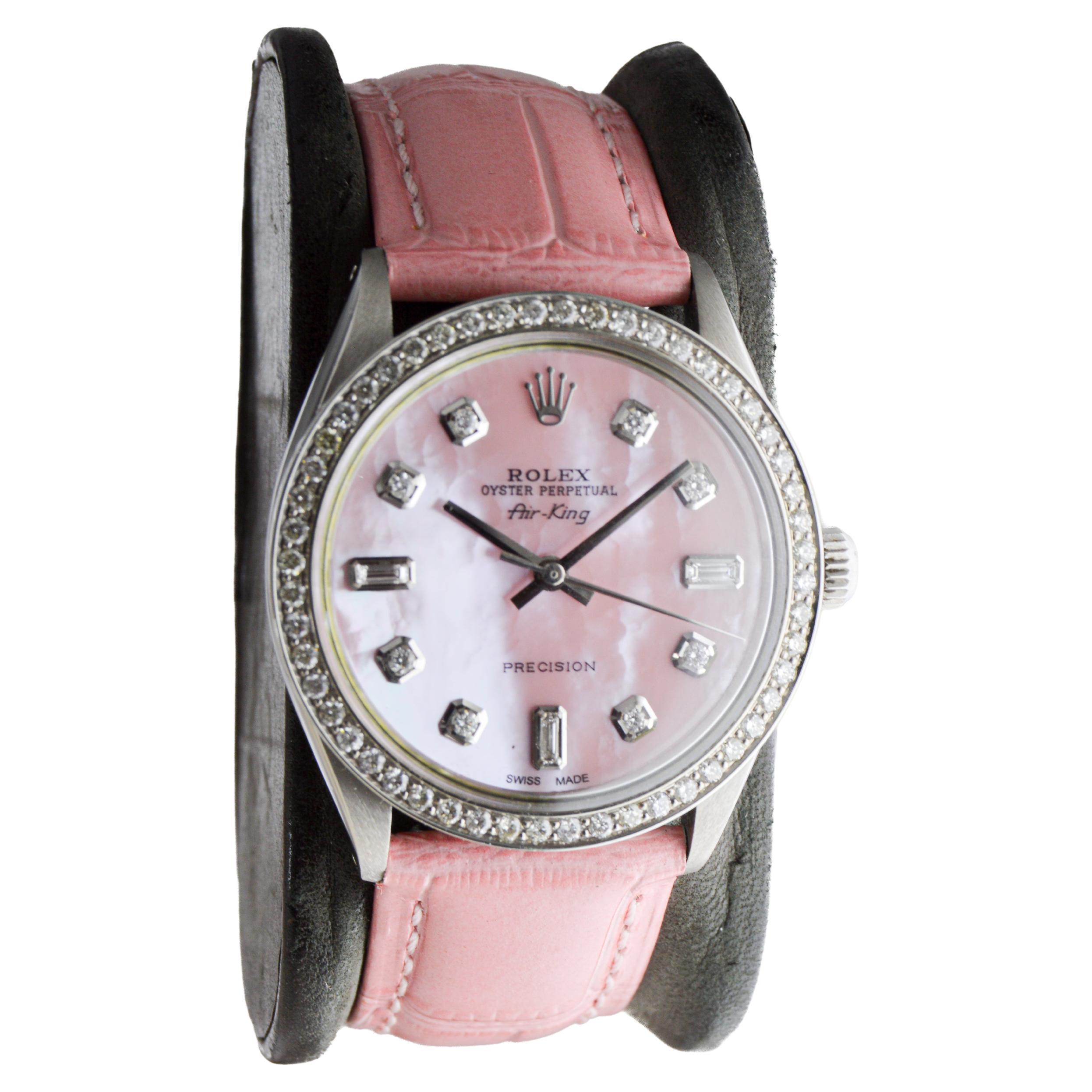 Moderne Rolex Air King en acier avec cadran en diamant rose CUSTOM MADE et lunette en diamant en vente