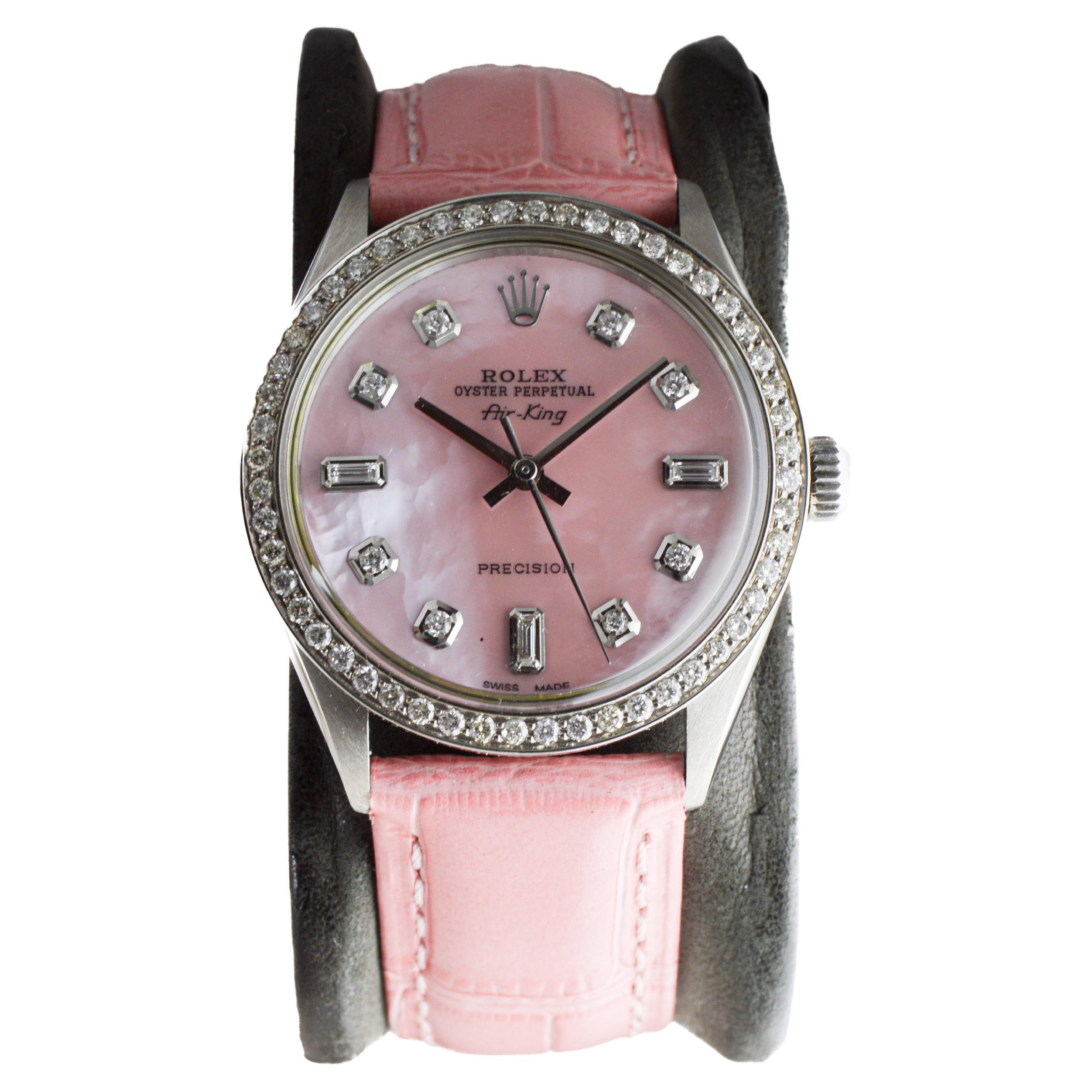 Rolex Air King en acier avec cadran en diamant rose CUSTOM MADE et lunette en diamant Excellent état - En vente à Long Beach, CA