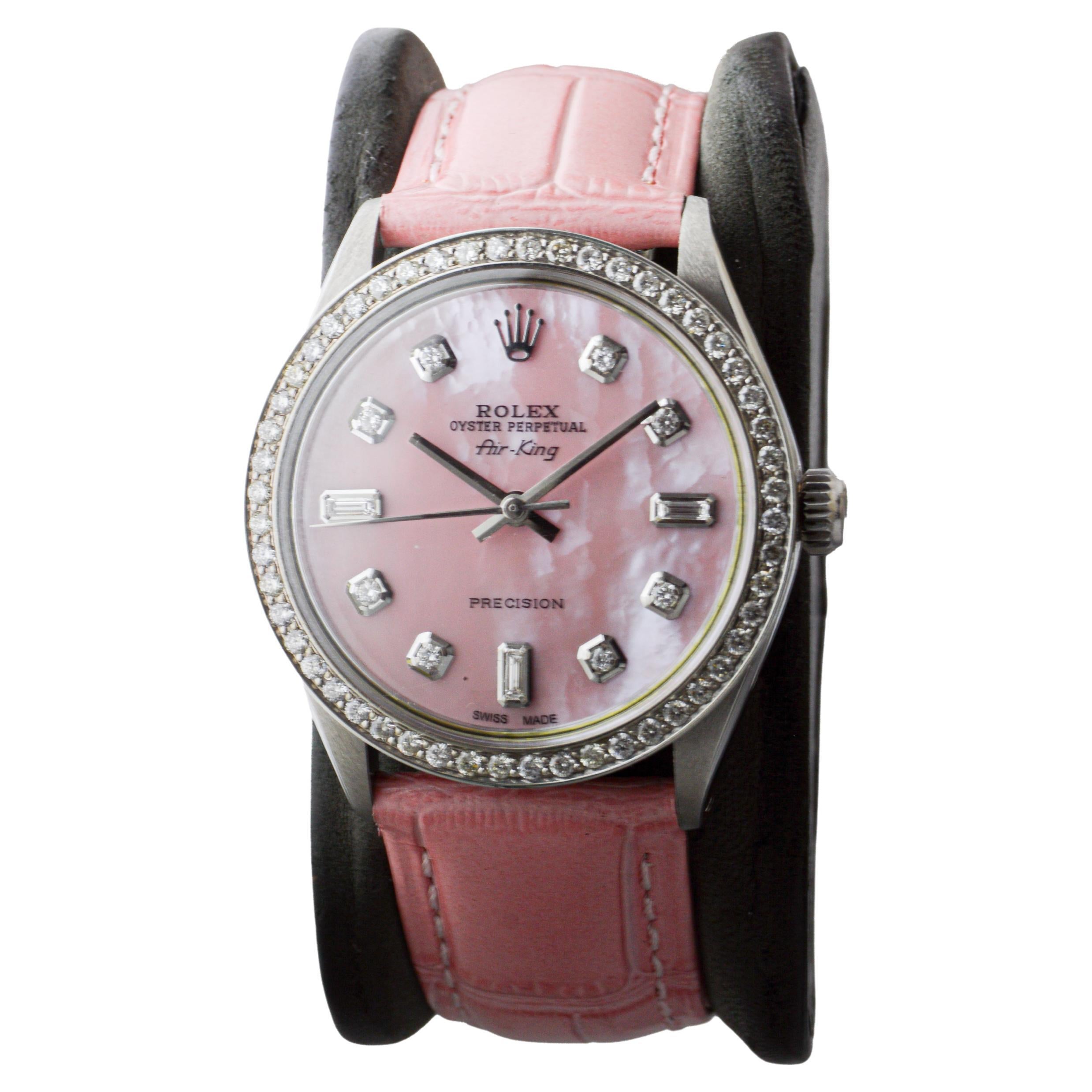 Rolex Air King en acier avec cadran en diamant rose CUSTOM MADE et lunette en diamant en vente 1