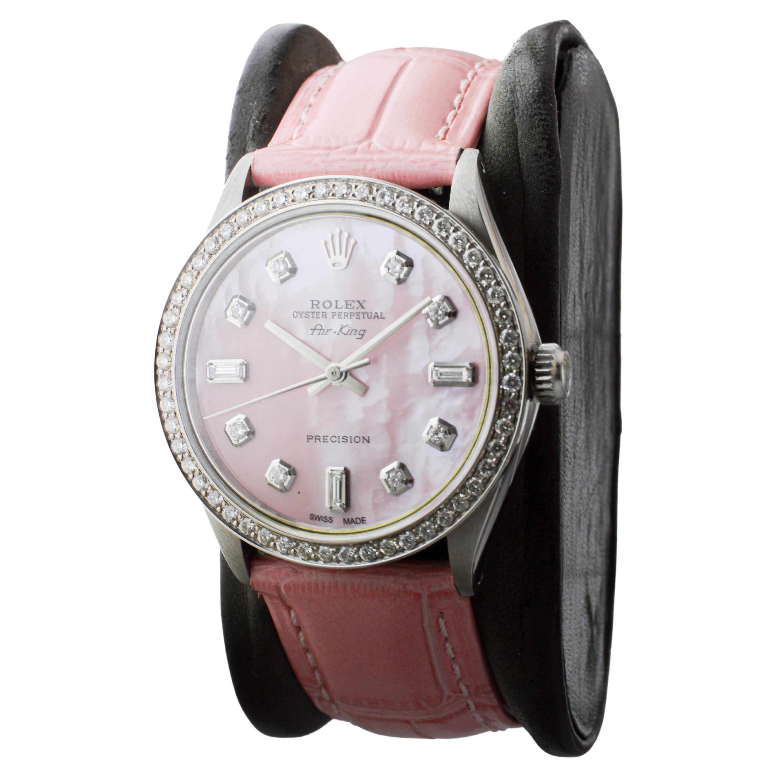 Rolex Air King en acier avec cadran en diamant rose CUSTOM MADE et lunette en diamant en vente 3
