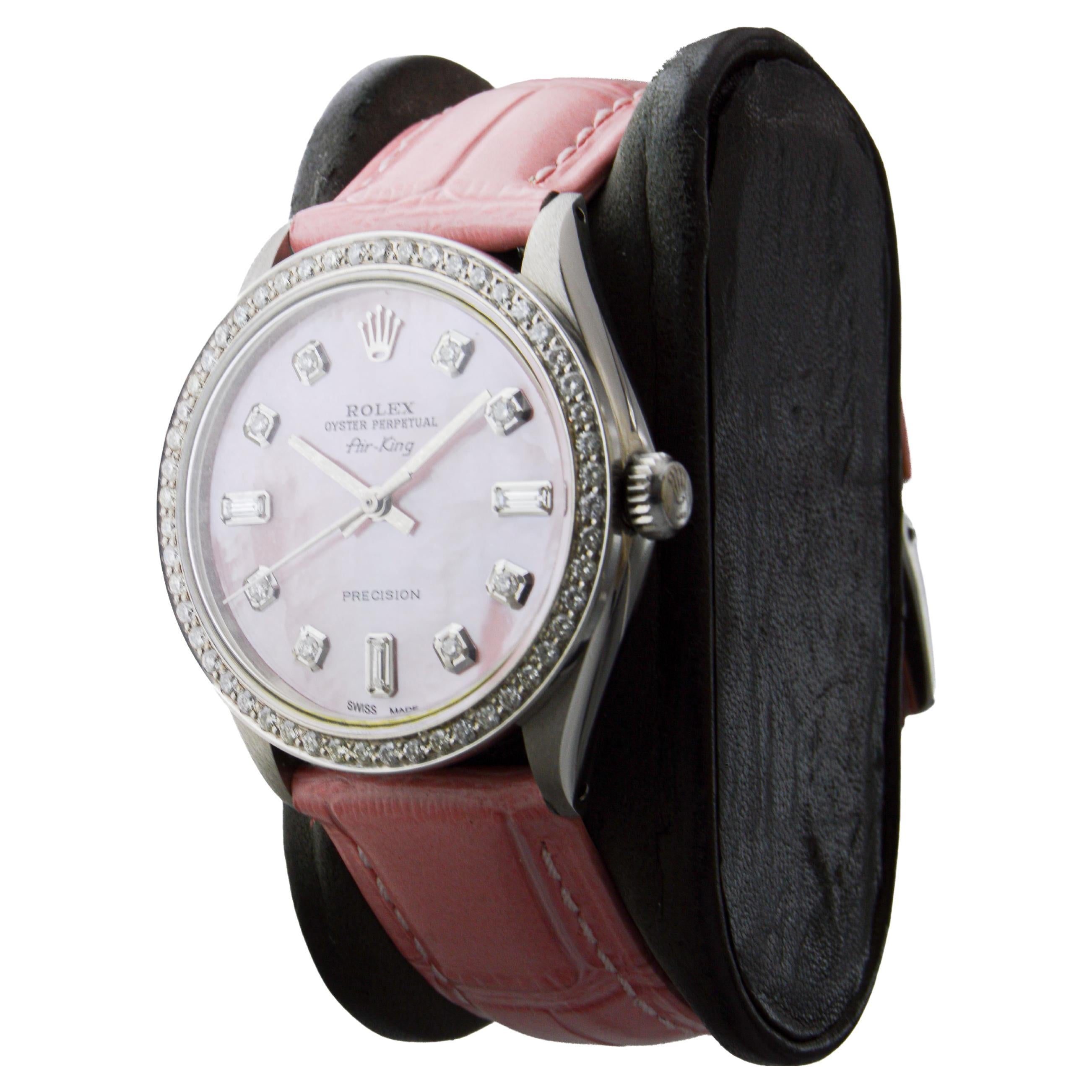 Rolex Air King en acier avec cadran en diamant rose CUSTOM MADE et lunette en diamant en vente 4