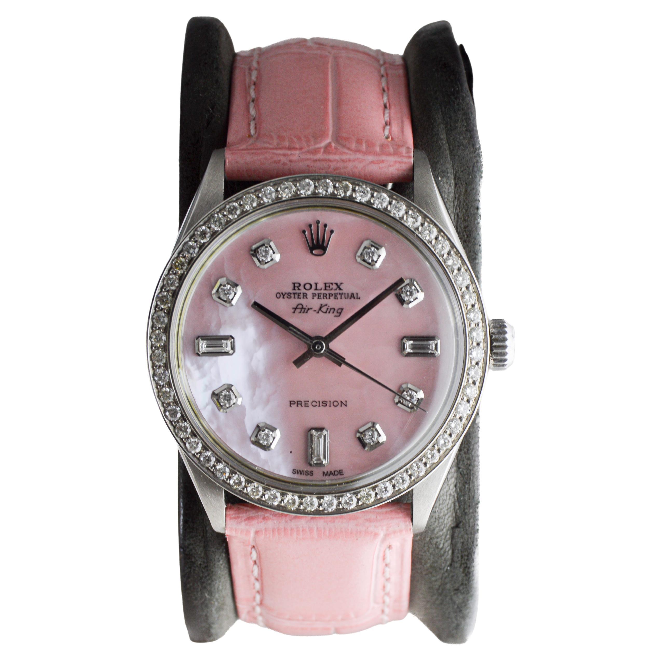 Rolex Air King en acier avec cadran en diamant rose CUSTOM MADE et lunette en diamant en vente