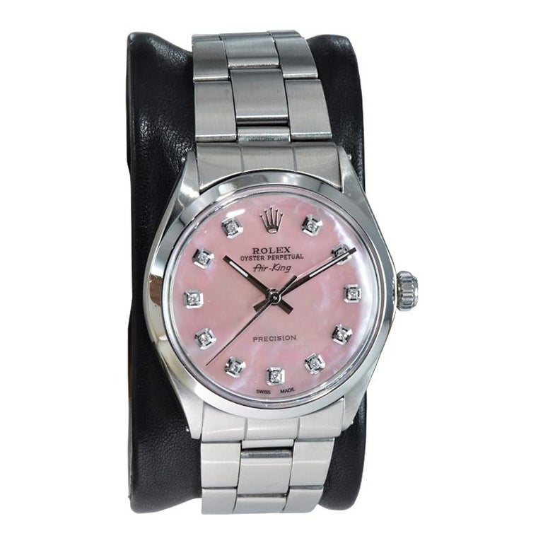 Modern Rolex Steel Air King with Custom Made Mother of Pearl Diamond Dial from 1972 For Sale