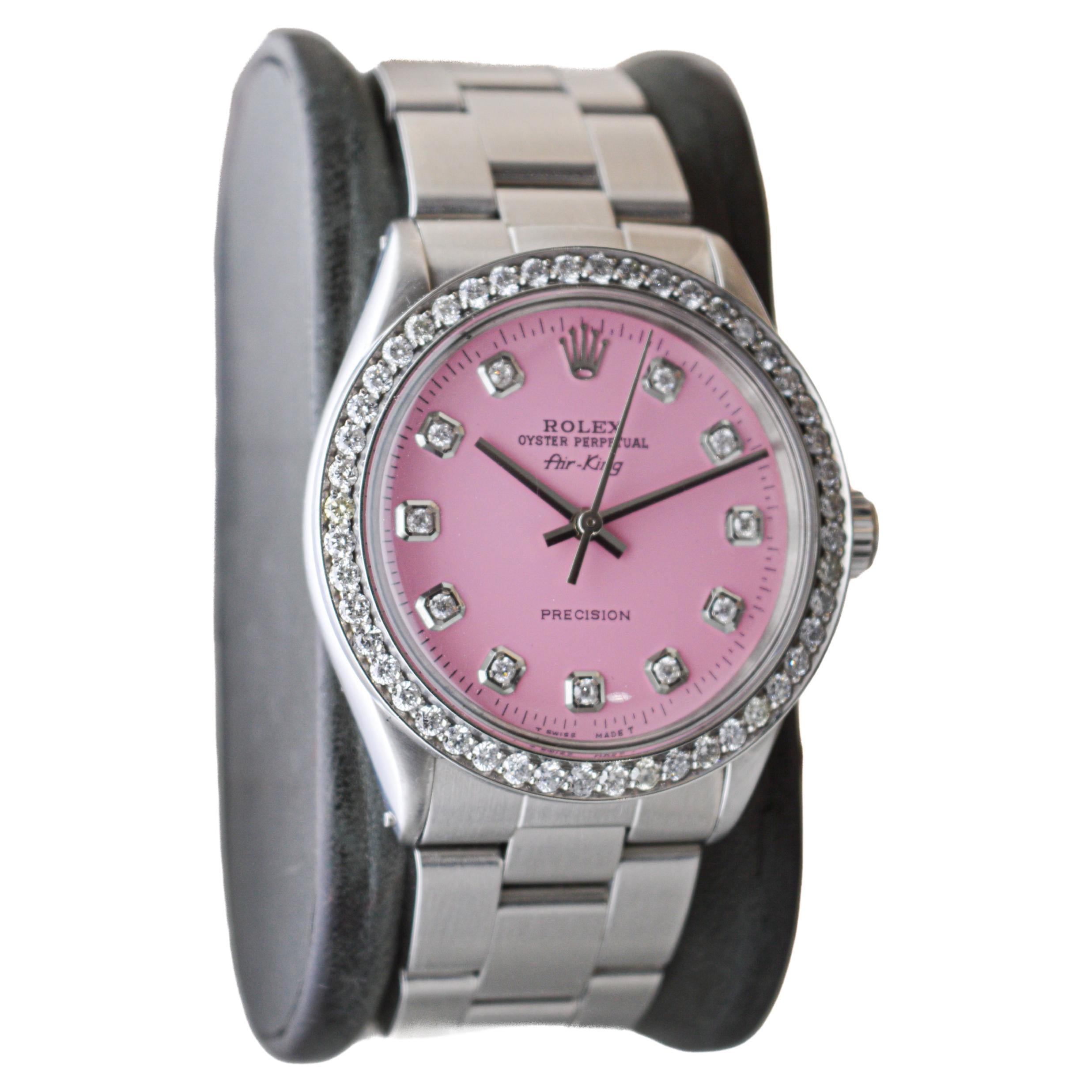 FACTORY / HOUSE: Rolex Watch Company
STYLE / REFERENCE: Air-King / Reference 5500/1002
METAL / MATERIAL: Stainless Steel
CIRCA / YEAR: 1970's
DIMENSIONS / SIZE: Length 38mm X Diameter 34mm
MOVEMENT / CALIBER: Perpetual Winding / 26 Jewels / Caliber