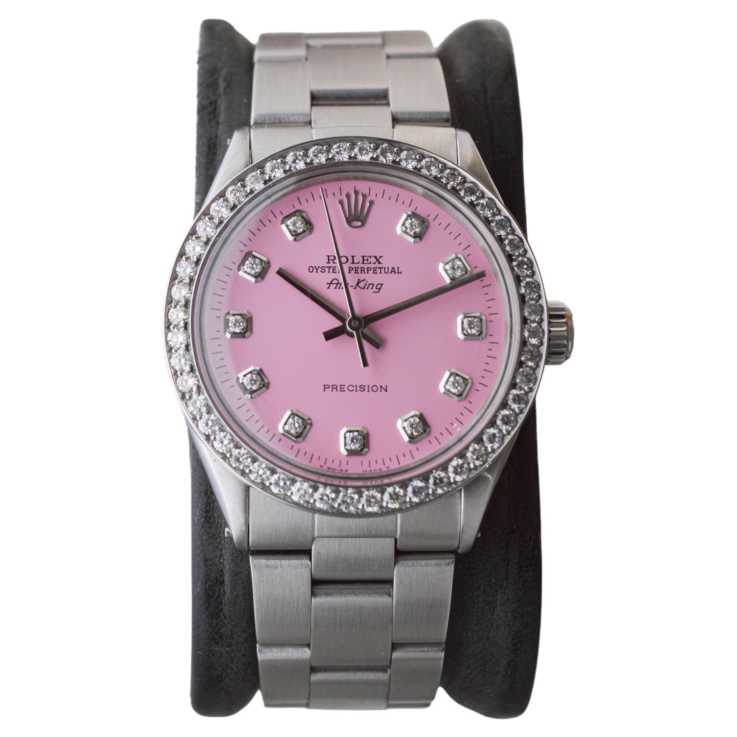 Modern Rolex Steel Air King with Custom Made Pink Dial and Diamond Bezel circa, 1970's For Sale