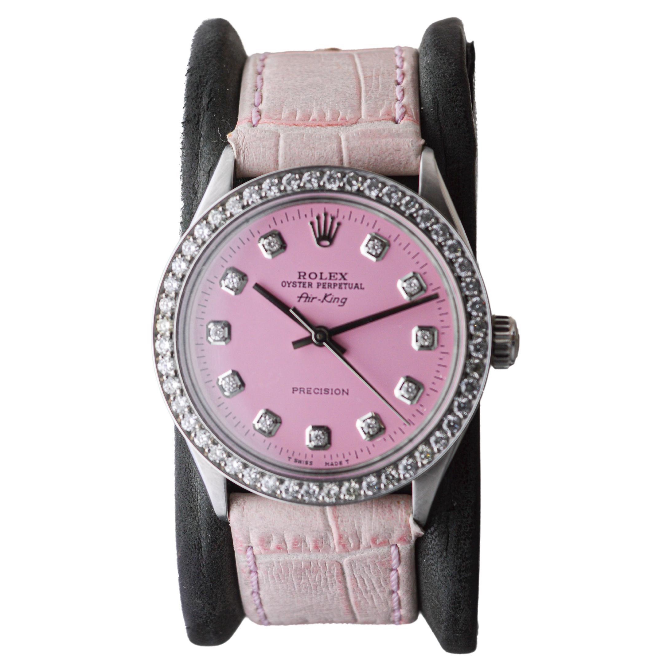 Modern Rolex Steel Air King with Custom Made Pink Dial and Diamond Bezel circa 1970's For Sale