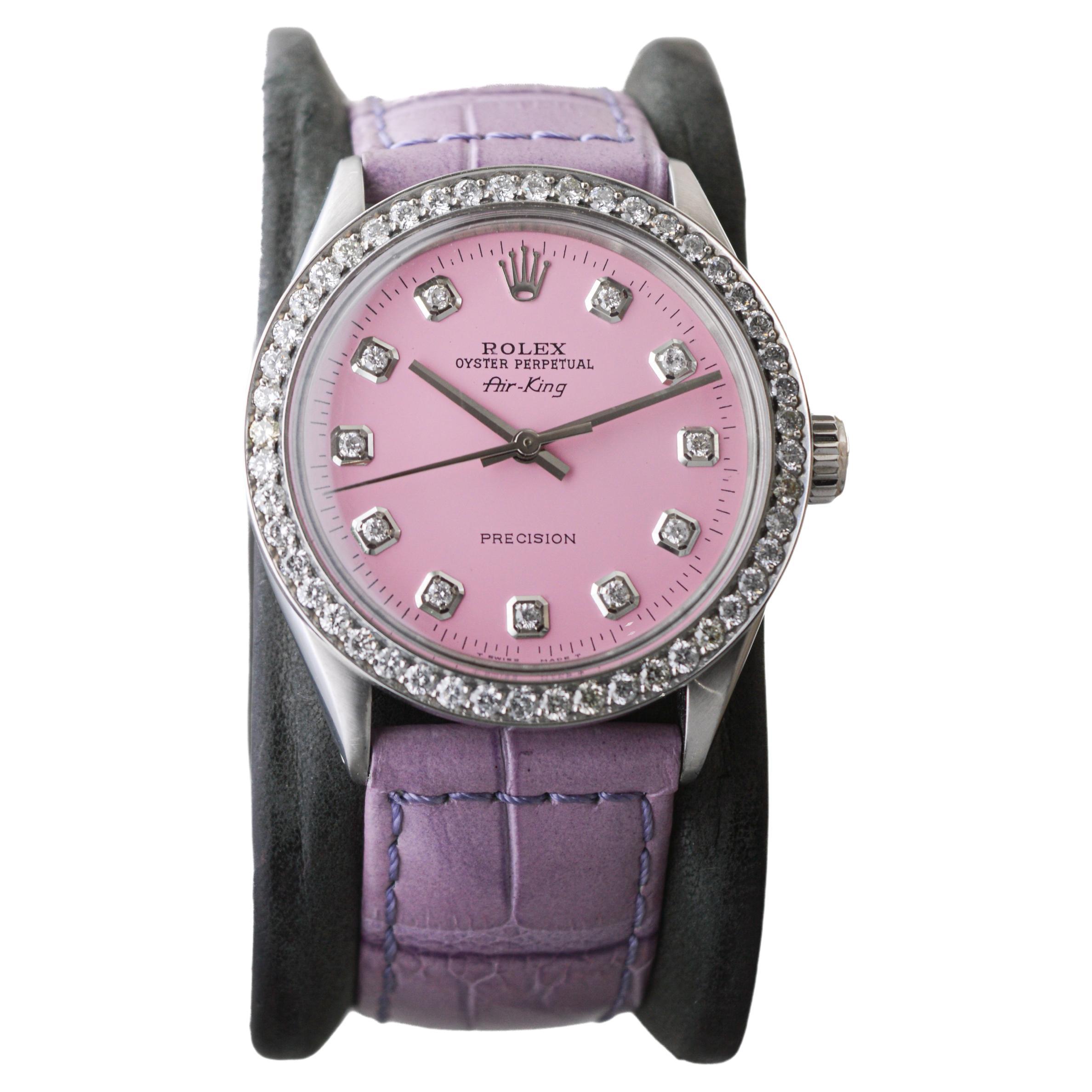 Modern Rolex Steel Air King with Custom Made Pink Dial and Diamond Bezel circa, 1970's For Sale