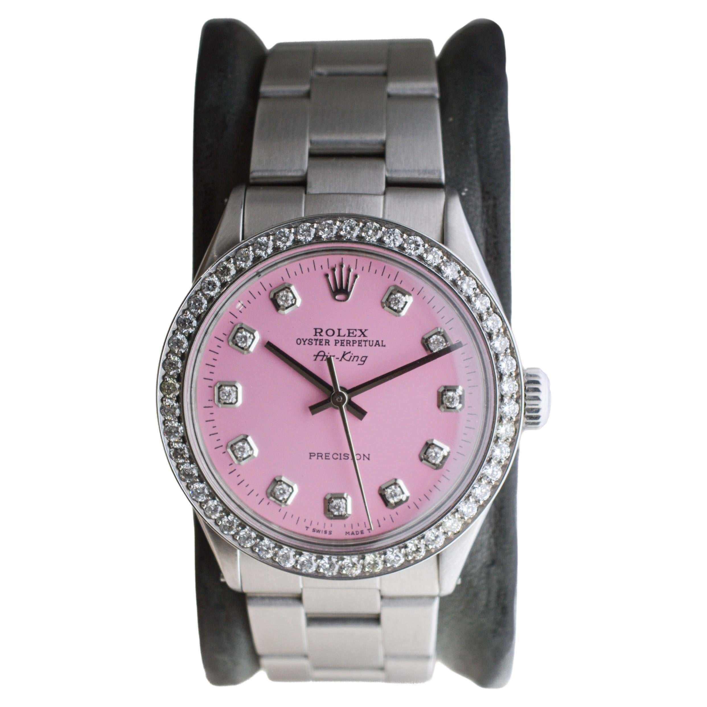 Rolex Steel Air King with Custom Made Pink Dial and Diamond Bezel circa, 1970's In Excellent Condition For Sale In Long Beach, CA