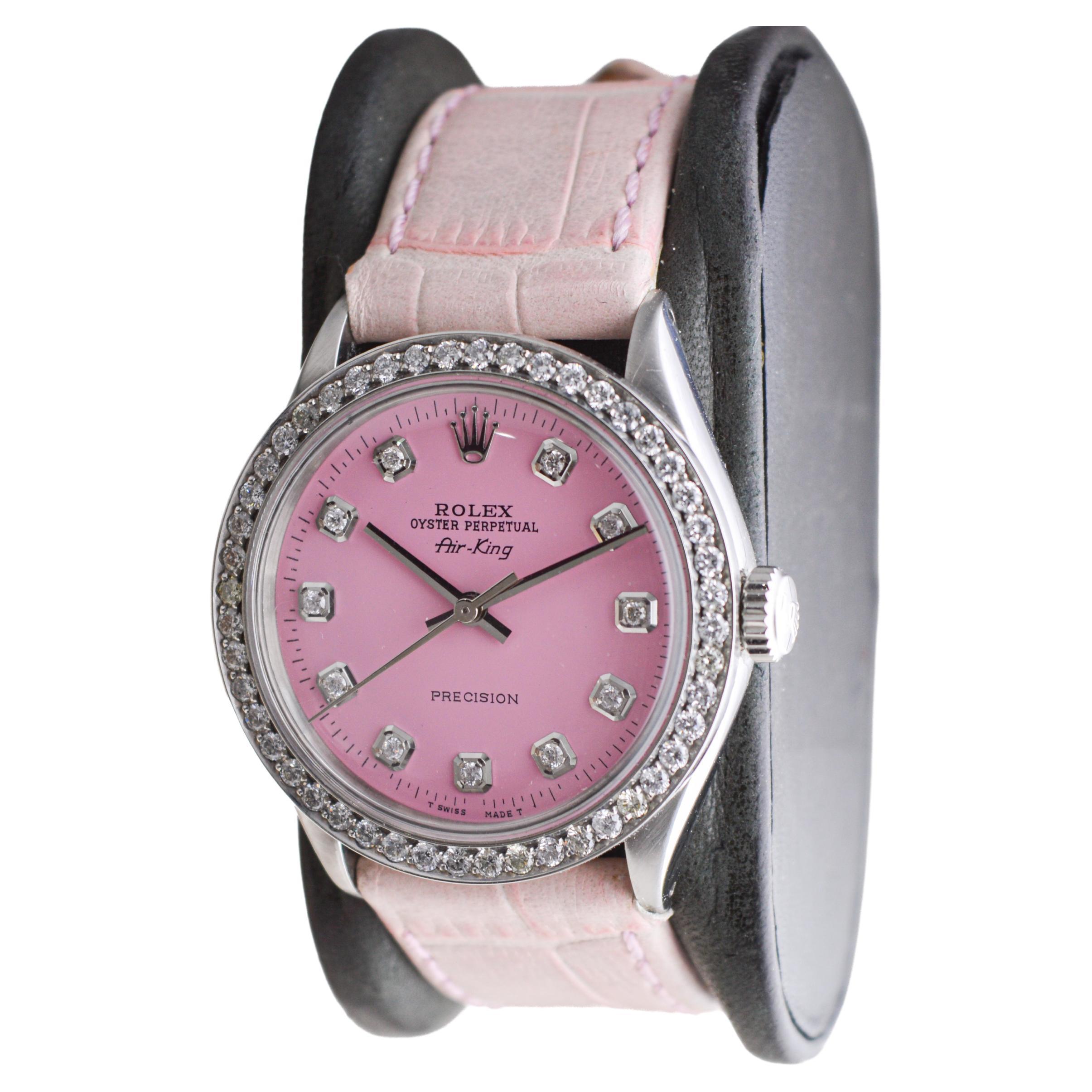 Modern Rolex Steel Air King with Custom Made Pink Dial and Diamond Bezel circa 1970's For Sale