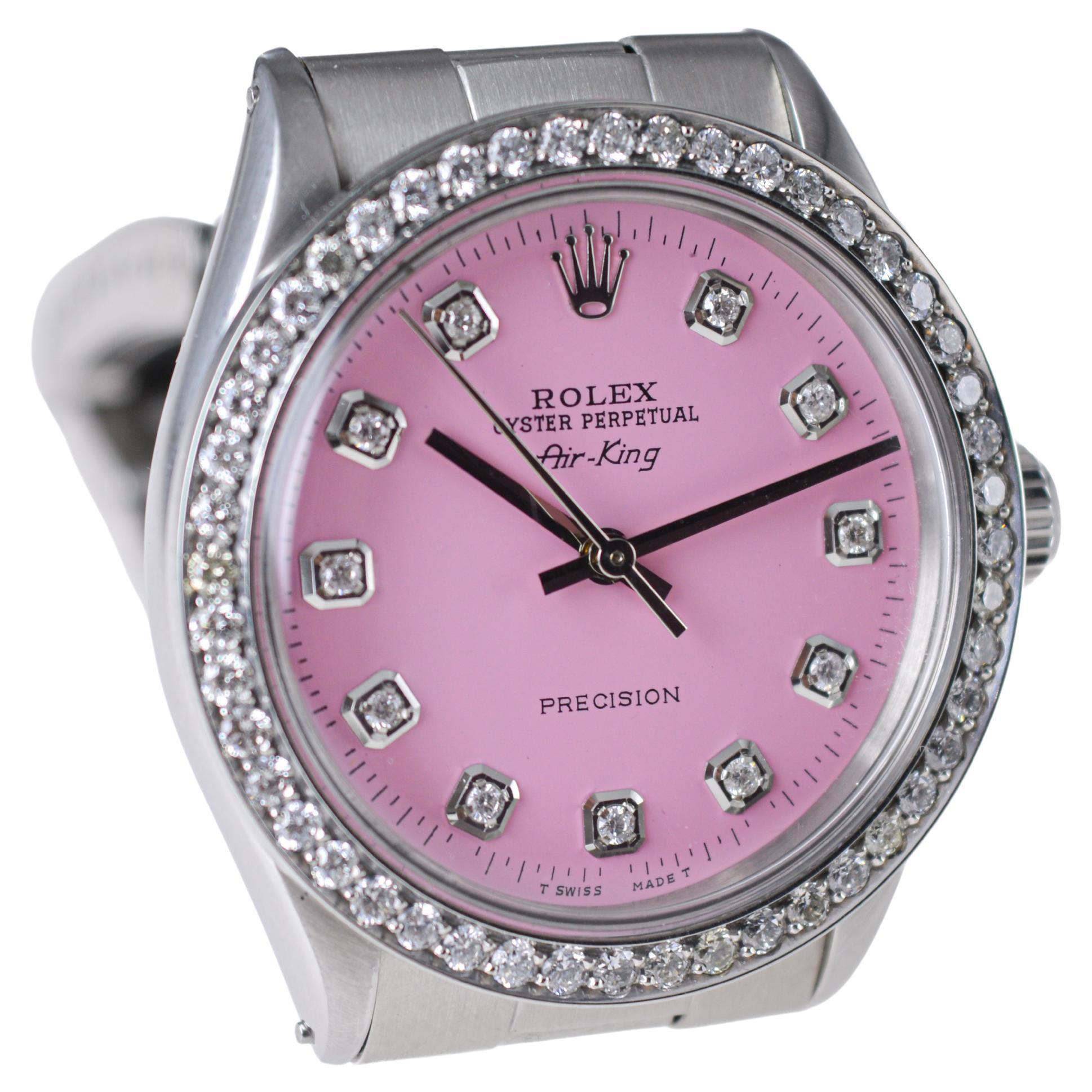 Women's or Men's Rolex Steel Air King with Custom Made Pink Dial and Diamond Bezel circa, 1970's For Sale