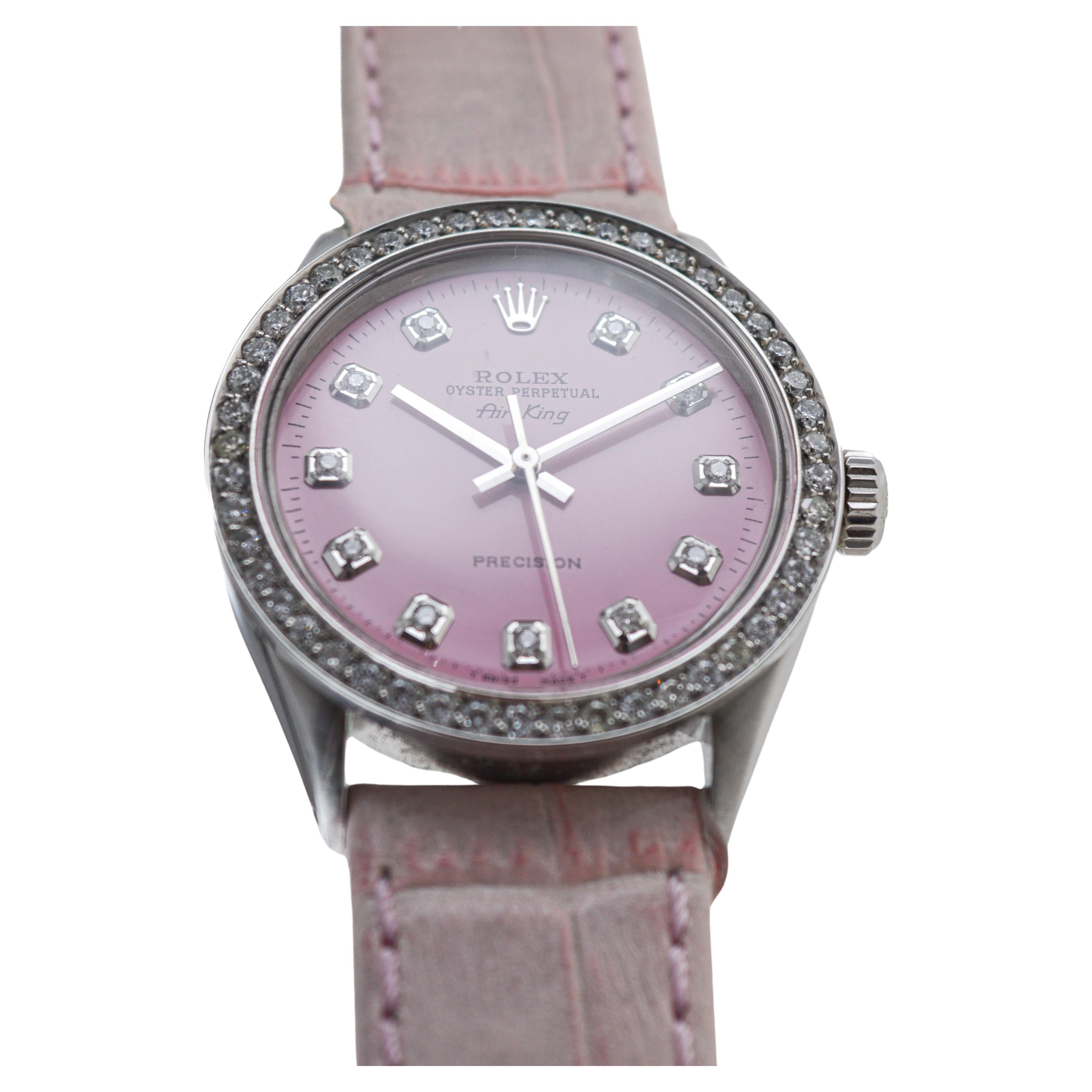 Women's or Men's Rolex Steel Air King with Custom Made Pink Dial and Diamond Bezel circa 1970's For Sale