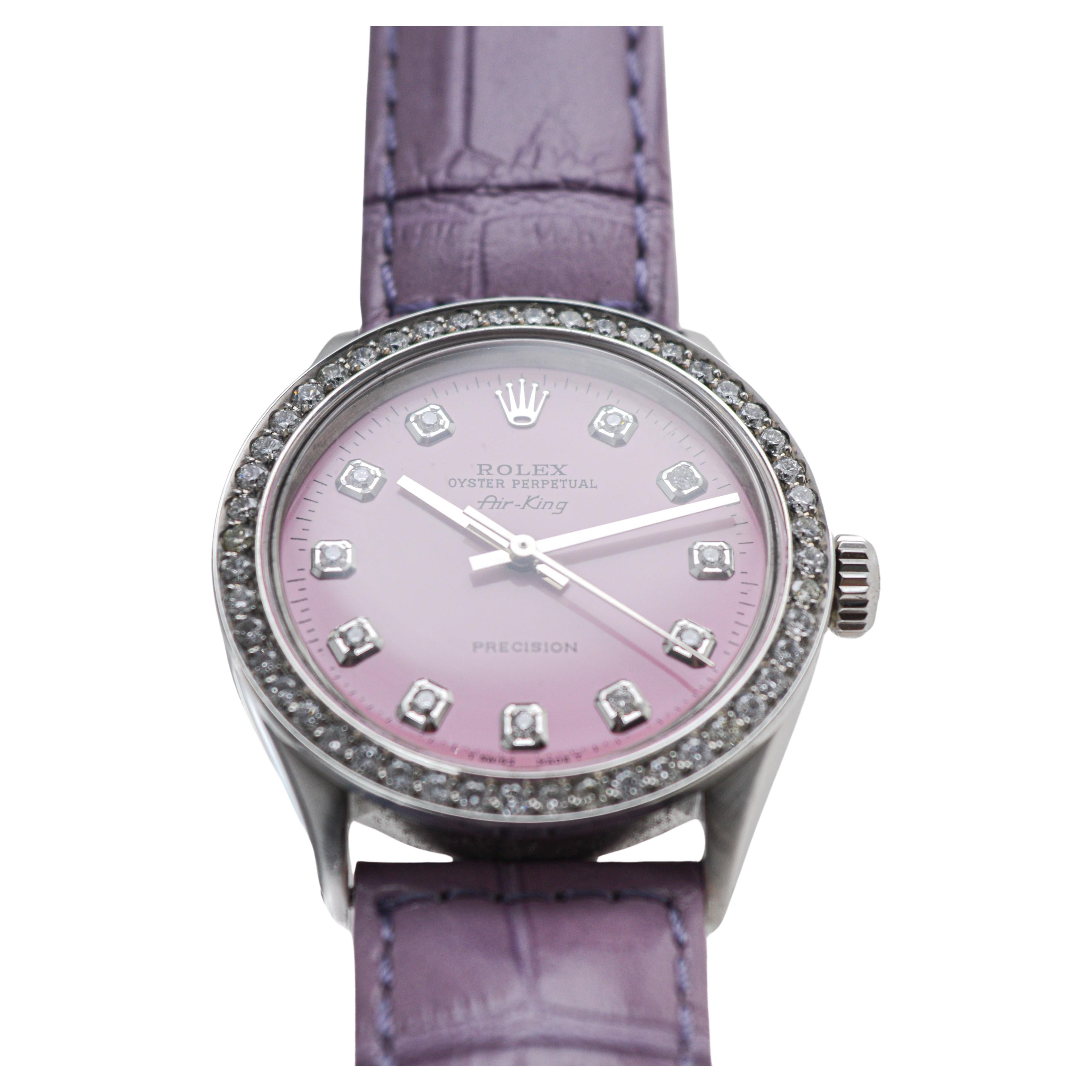 Women's or Men's Rolex Steel Air King with Custom Made Pink Dial and Diamond Bezel circa, 1970's For Sale