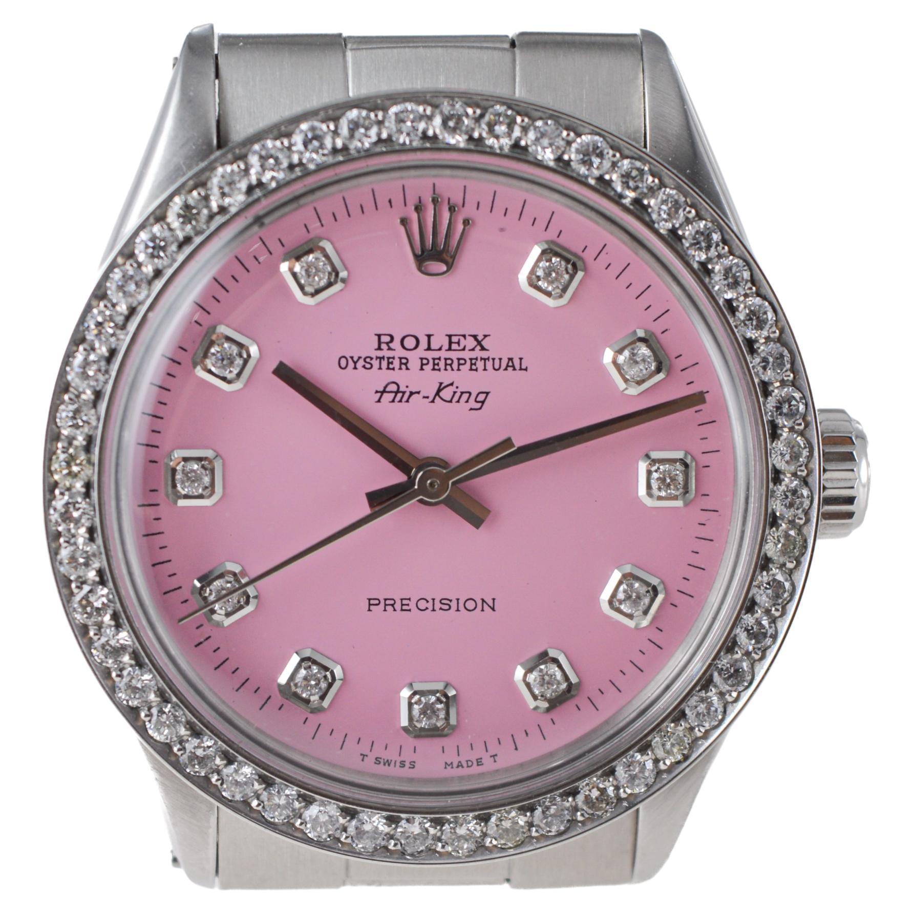 Rolex Steel Air King with Custom Made Pink Dial and Diamond Bezel circa, 1970's For Sale 1