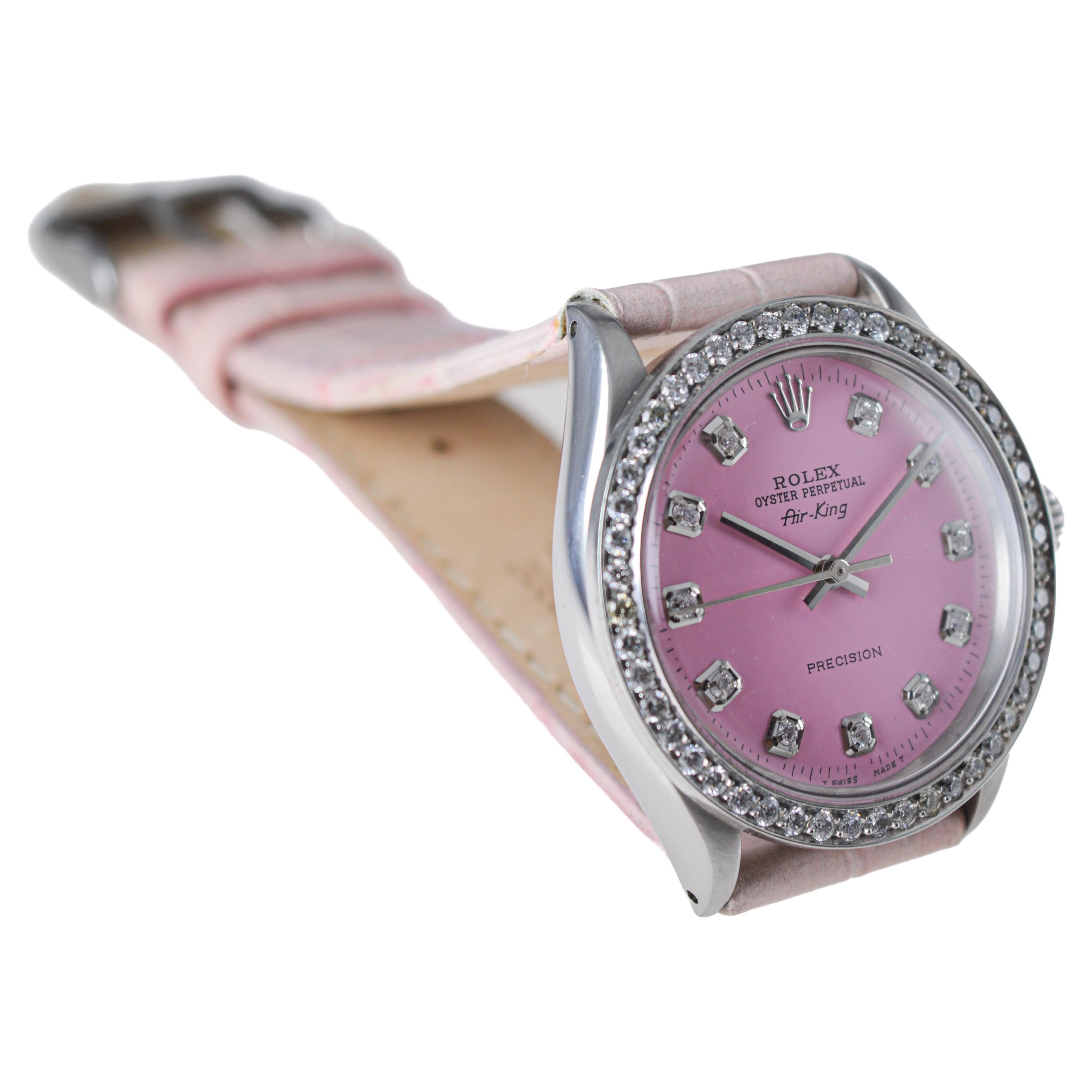 Rolex Steel Air King with Custom Made Pink Dial and Diamond Bezel circa 1970's For Sale 1