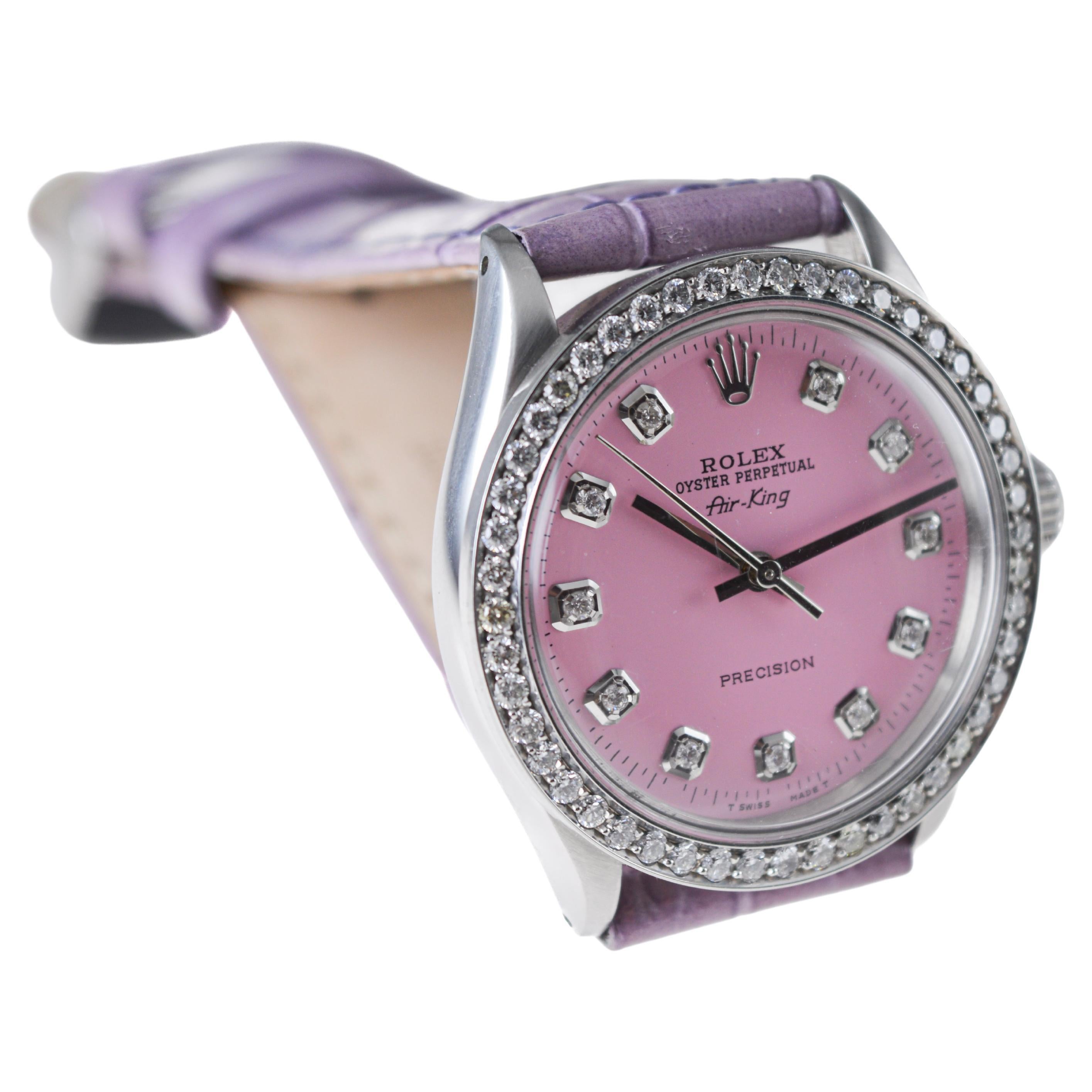 Rolex Steel Air King with Custom Made Pink Dial and Diamond Bezel circa, 1970's For Sale 1