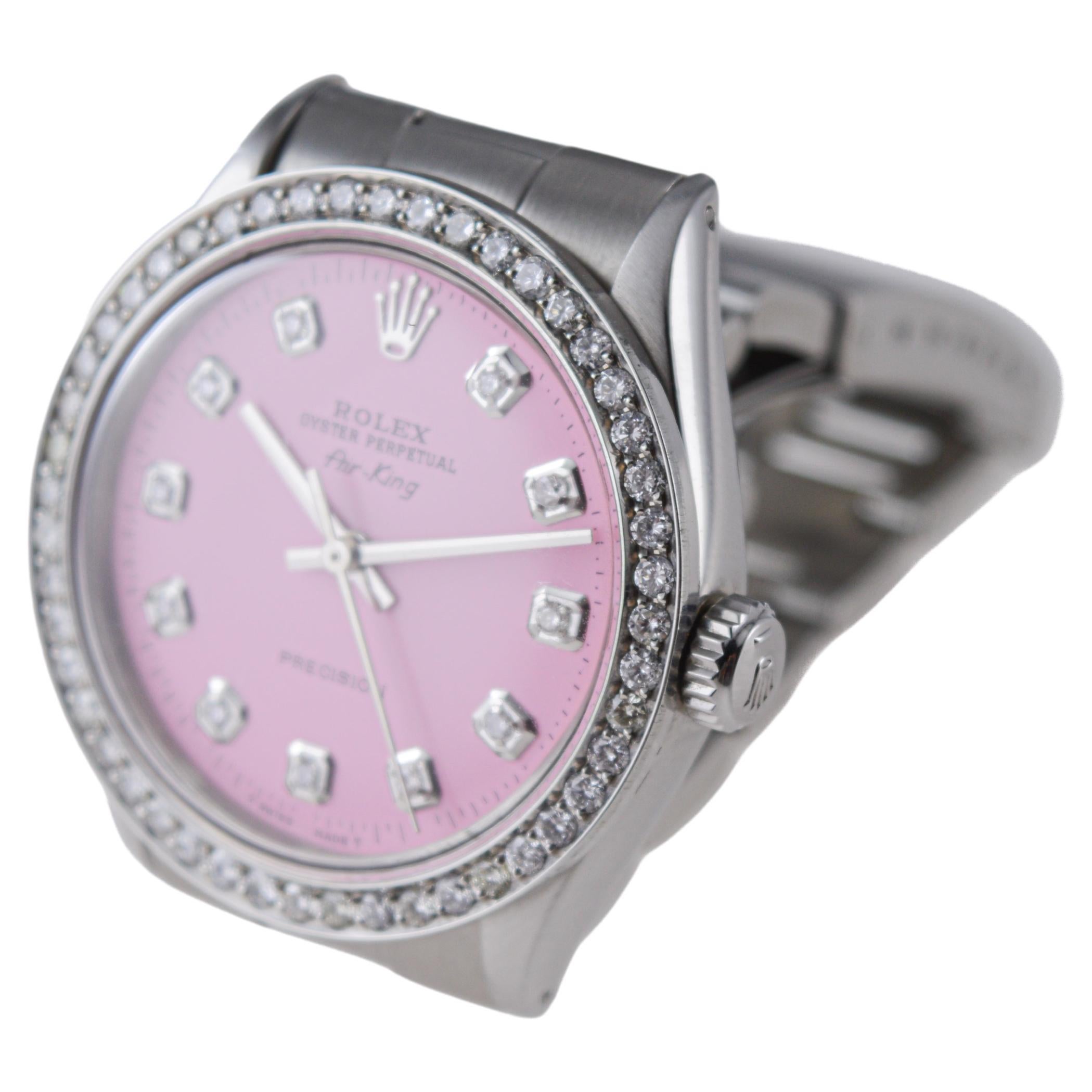 Rolex Steel Air King with Custom Made Pink Dial and Diamond Bezel circa, 1970's For Sale 2