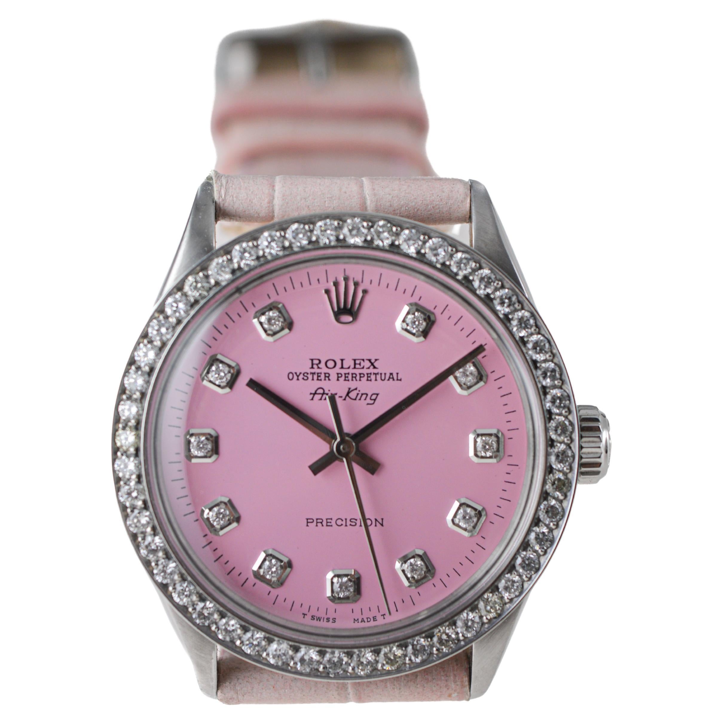 Rolex Steel Air King with Custom Made Pink Dial and Diamond Bezel circa 1970's For Sale 1