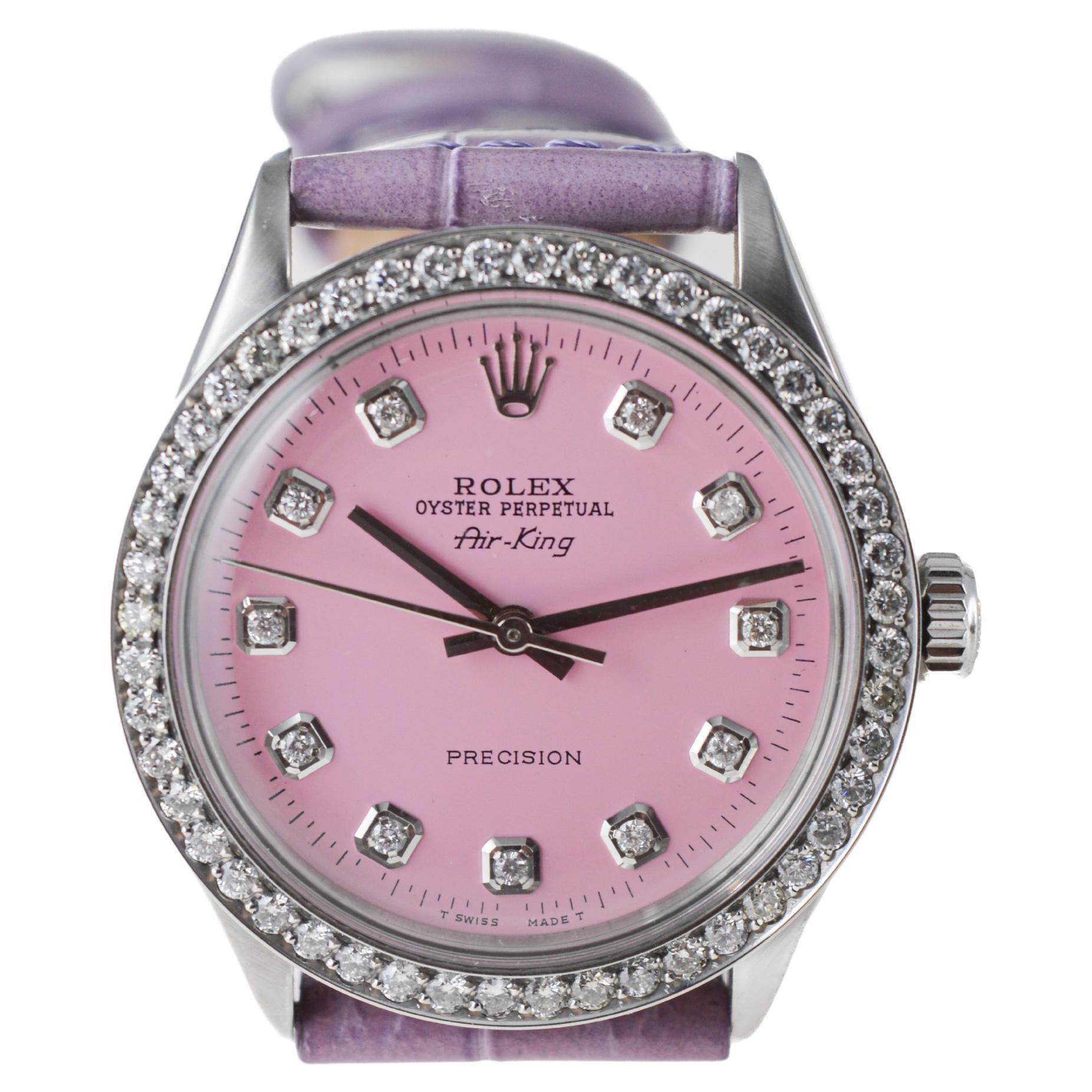 Rolex Steel Air King with Custom Made Pink Dial and Diamond Bezel circa, 1970's For Sale 2