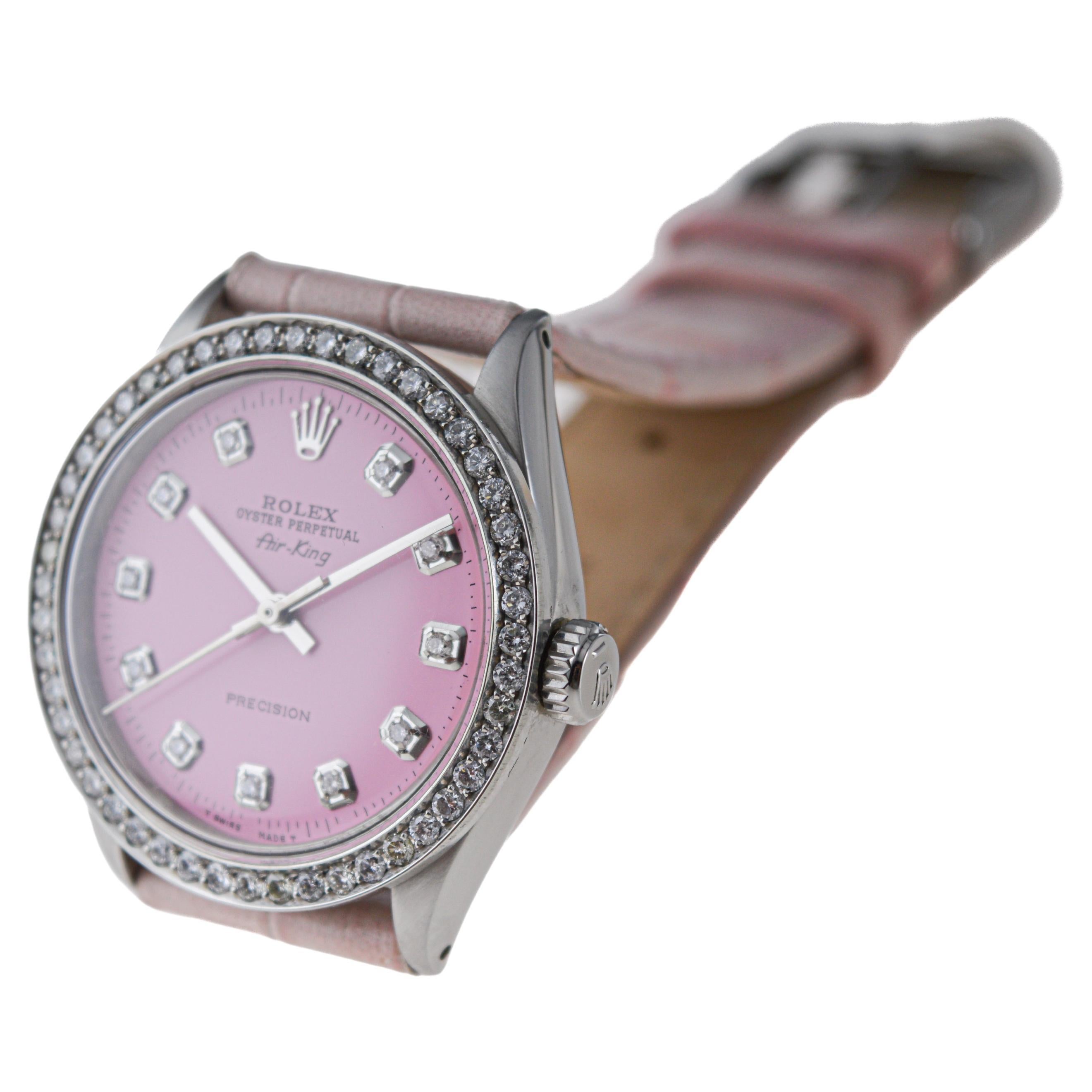 Rolex Steel Air King with Custom Made Pink Dial and Diamond Bezel circa 1970's For Sale 3