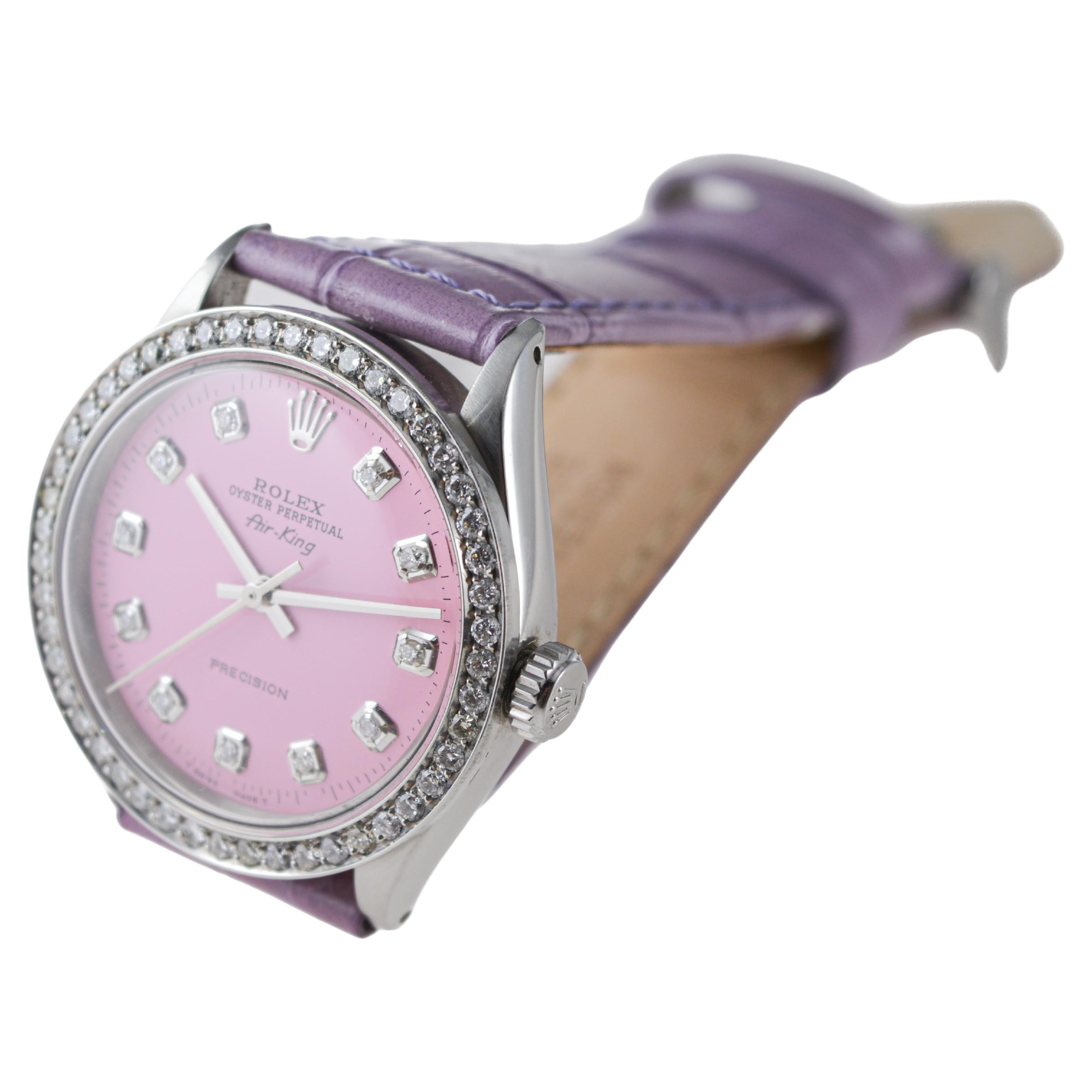 Rolex Steel Air King with Custom Made Pink Dial and Diamond Bezel circa, 1970's For Sale 3