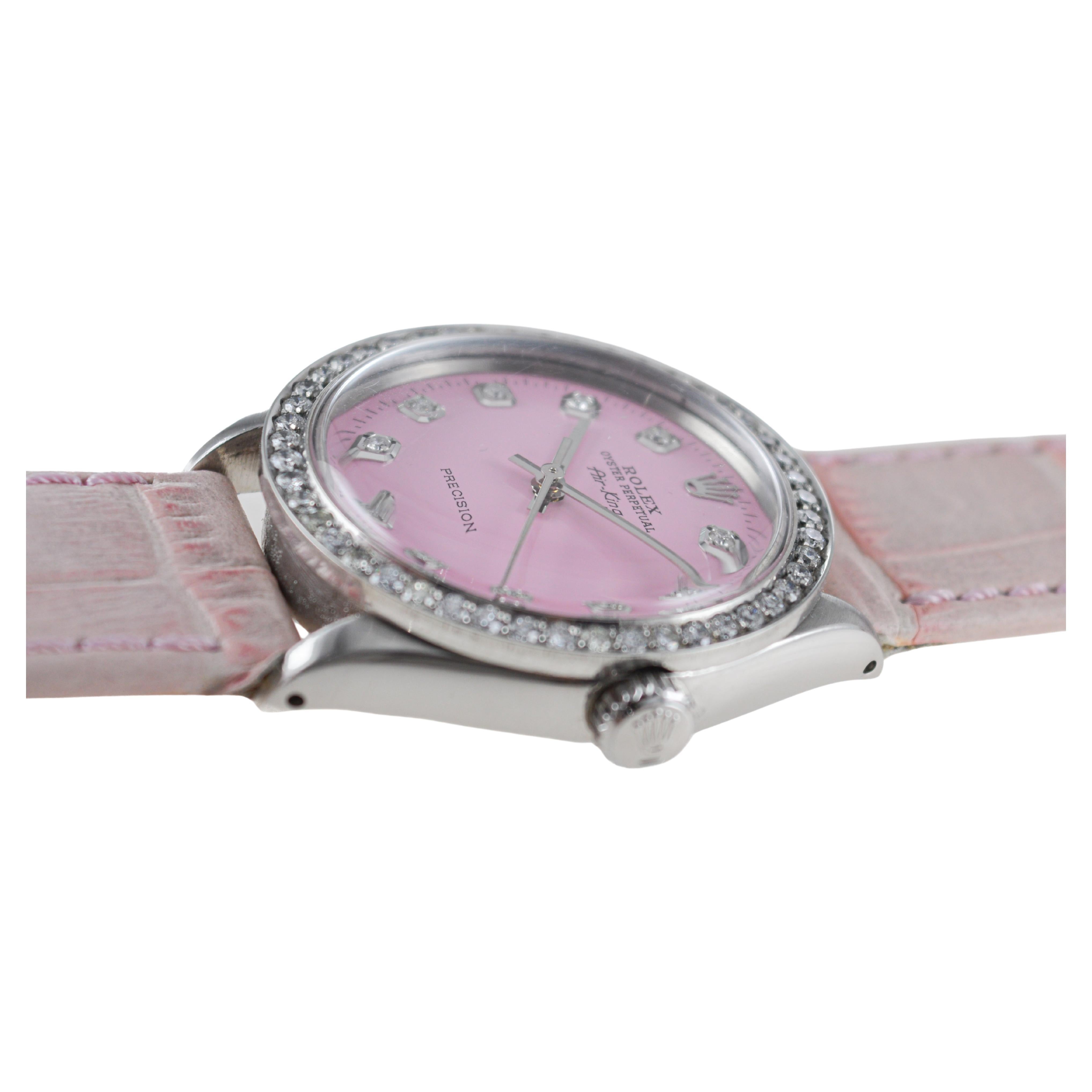 Rolex Steel Air King with Custom Made Pink Dial and Diamond Bezel circa 1970's For Sale 3