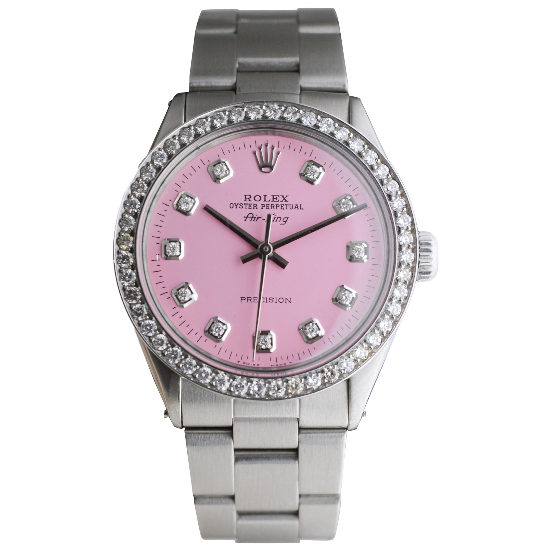 Rolex Steel Air King avec cadran Pink Made et lunette à diamants circa, 1970's