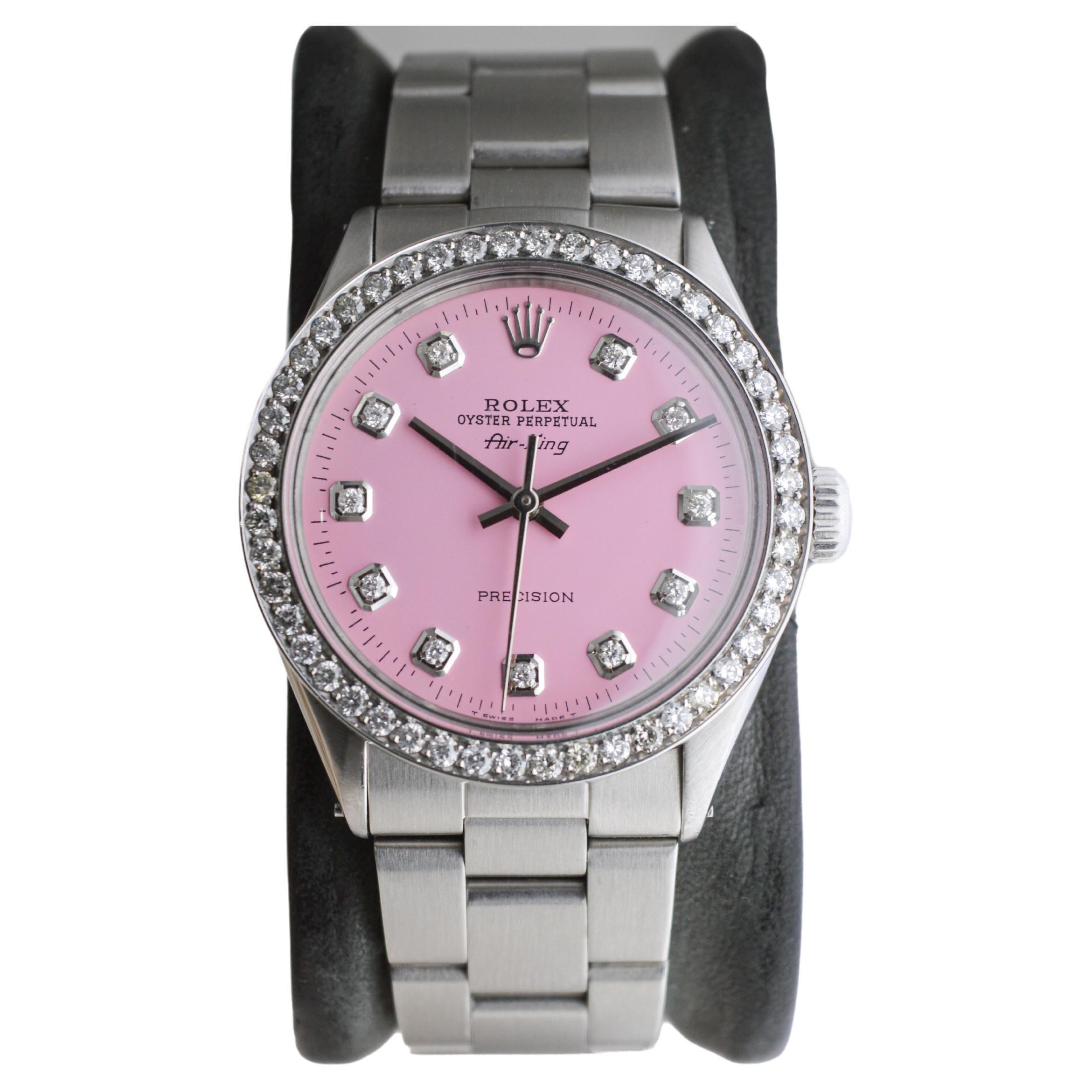 Rolex Steel Air King with Custom Made Pink Dial and Diamond Bezel circa, 1970's