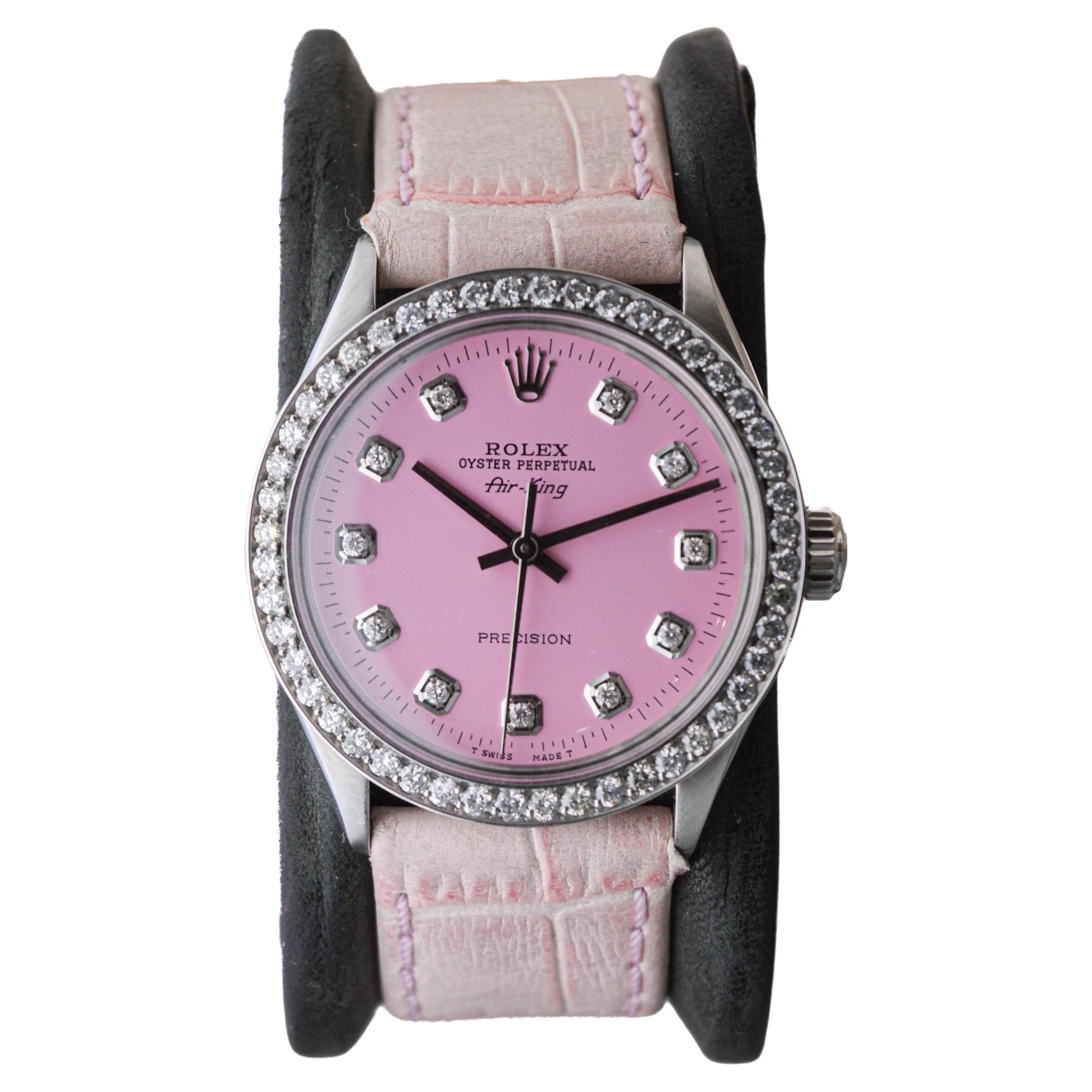 Rolex Steel Air King with Custom Made Pink Dial and Diamond Bezel circa 1970's