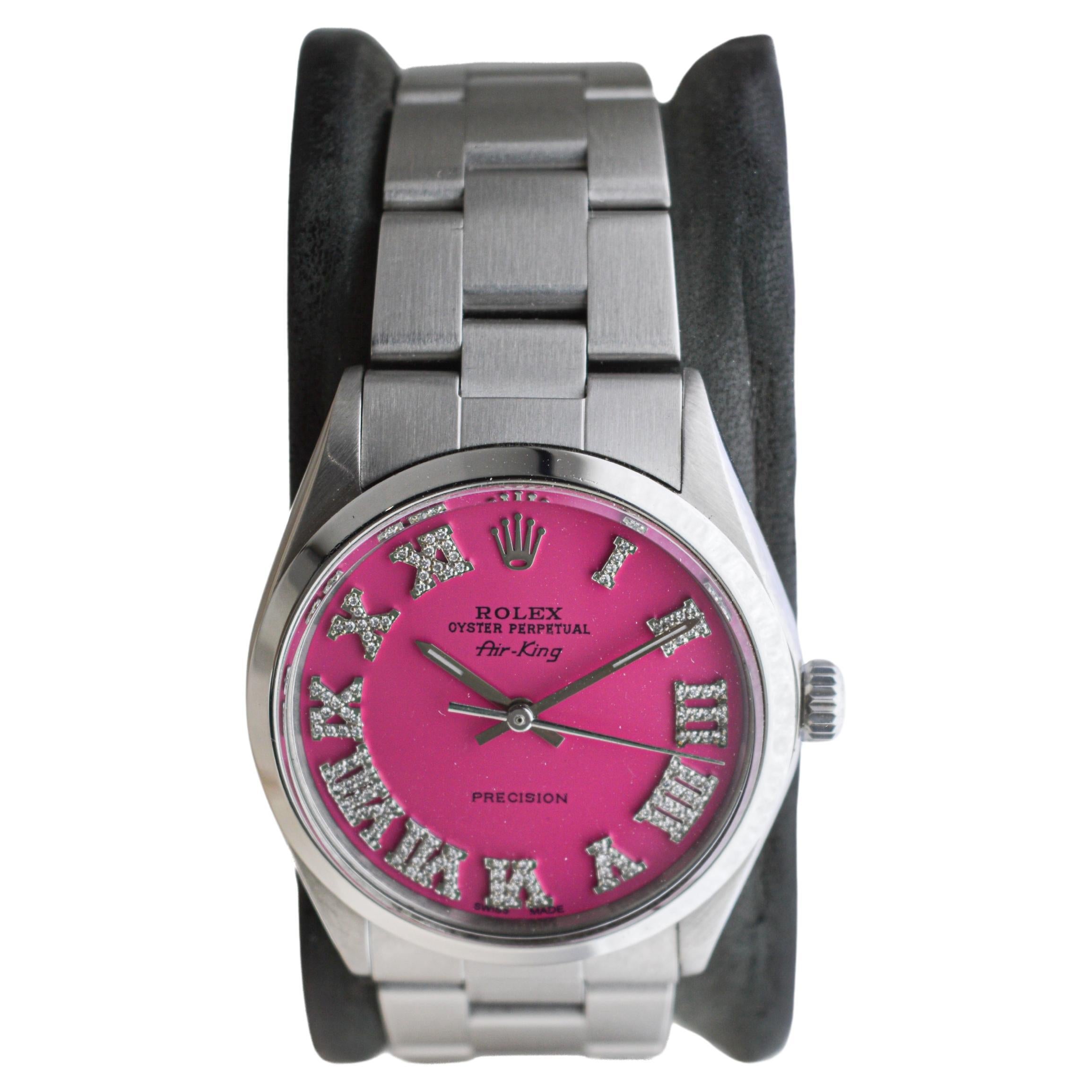 Moderne Rolex Steel Air King avec cadran rose sur mesure et index en diamant circa 1970's en vente