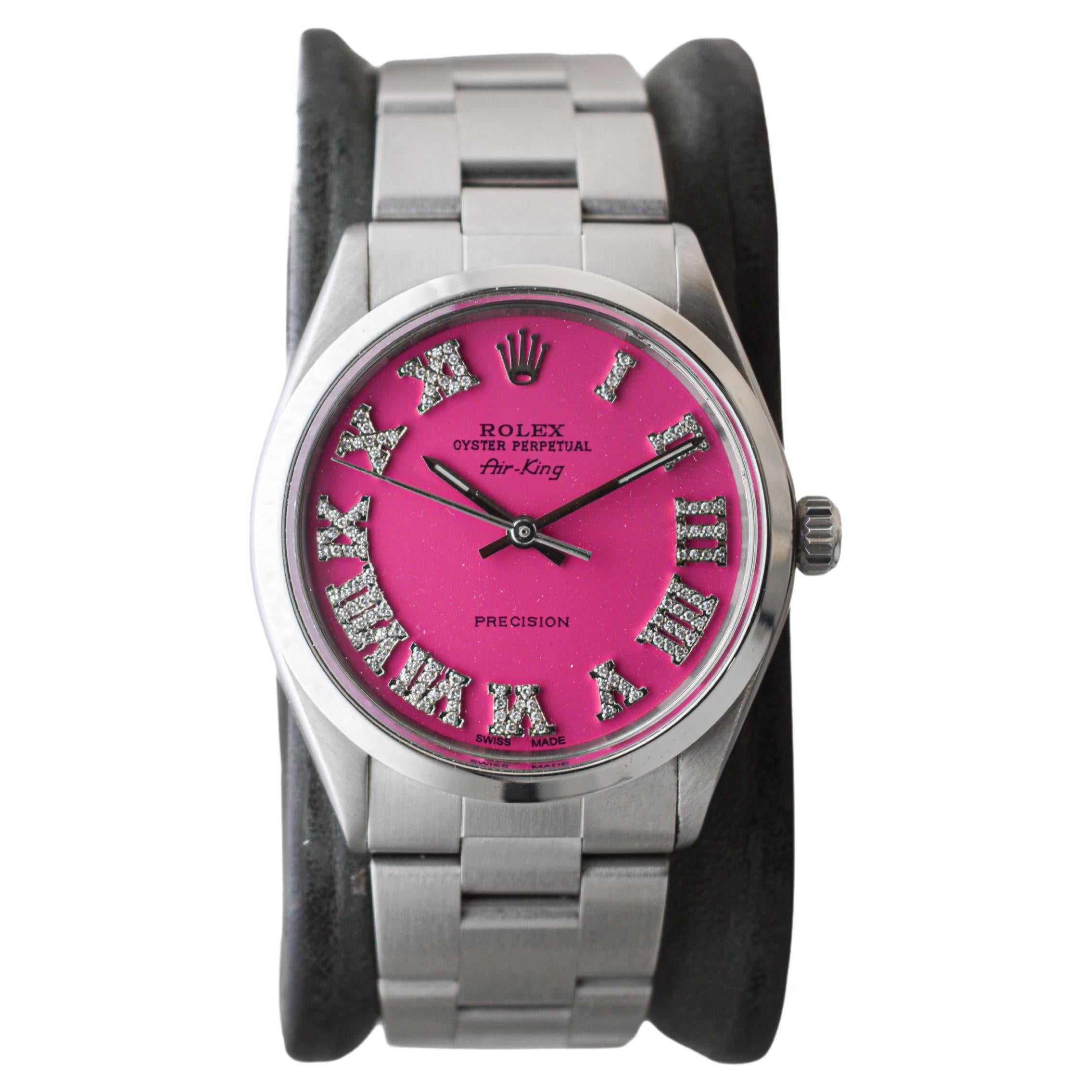 Rolex Steel Air King avec cadran rose sur mesure et index en diamant circa 1970's Excellent état - En vente à Long Beach, CA